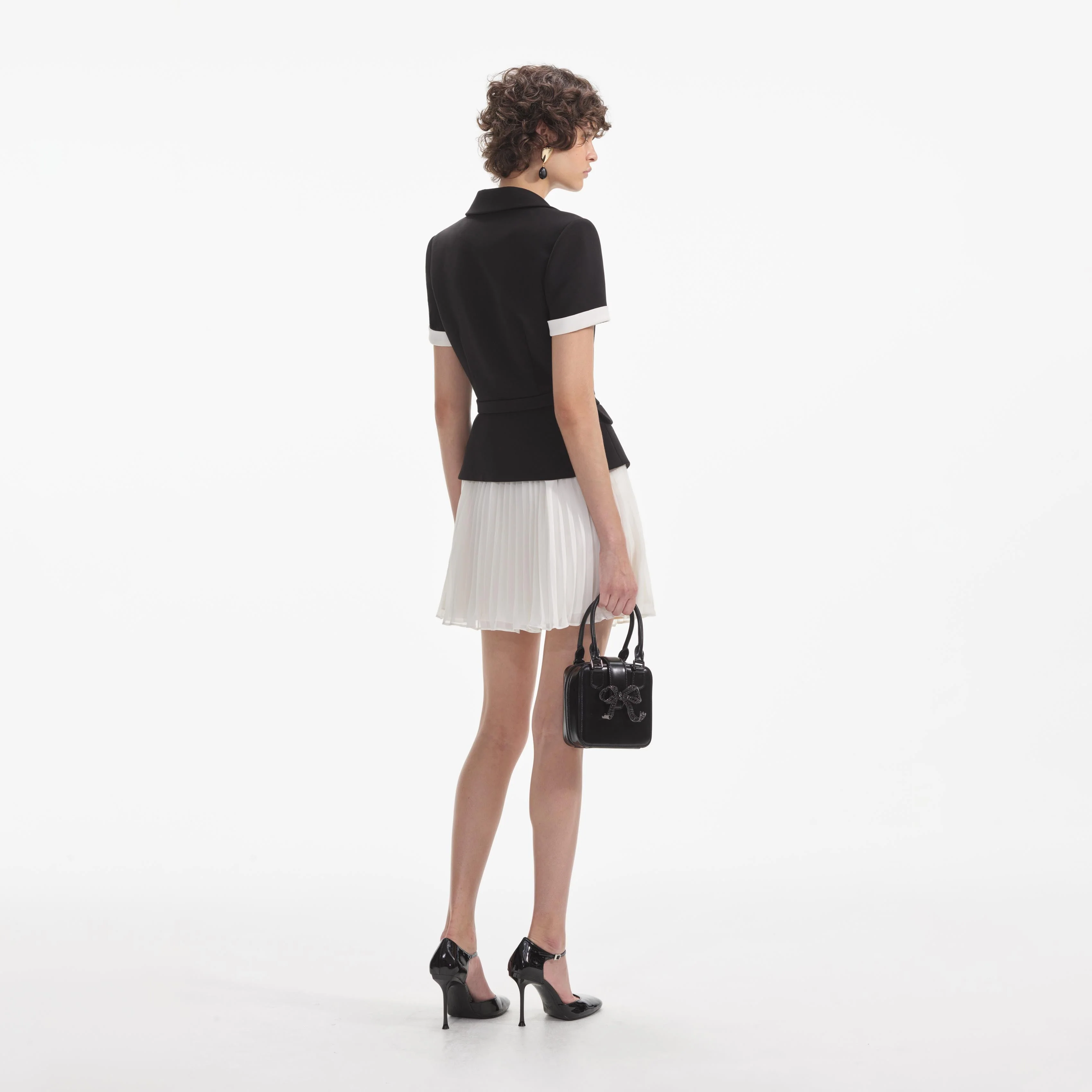 Black Crepe Contrast Chiffon Mini Dress - Image 3