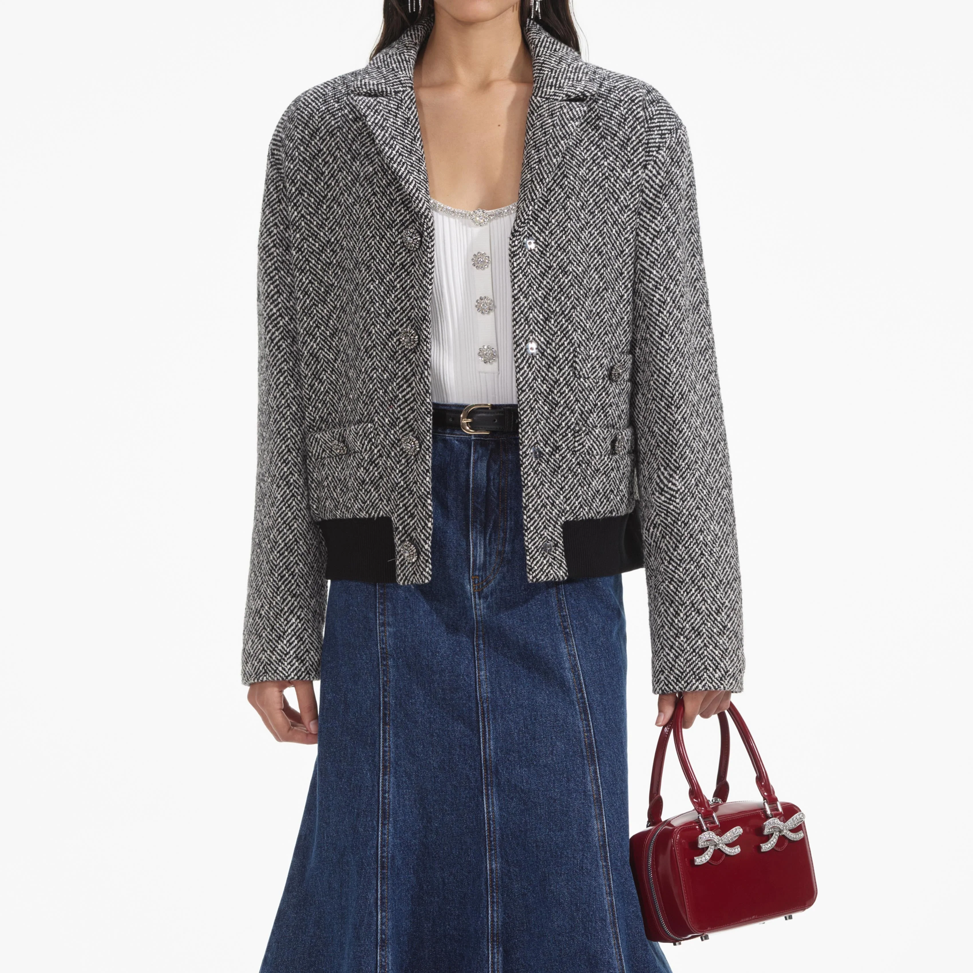 Black Herringbone Bomber Jacket - Image 4