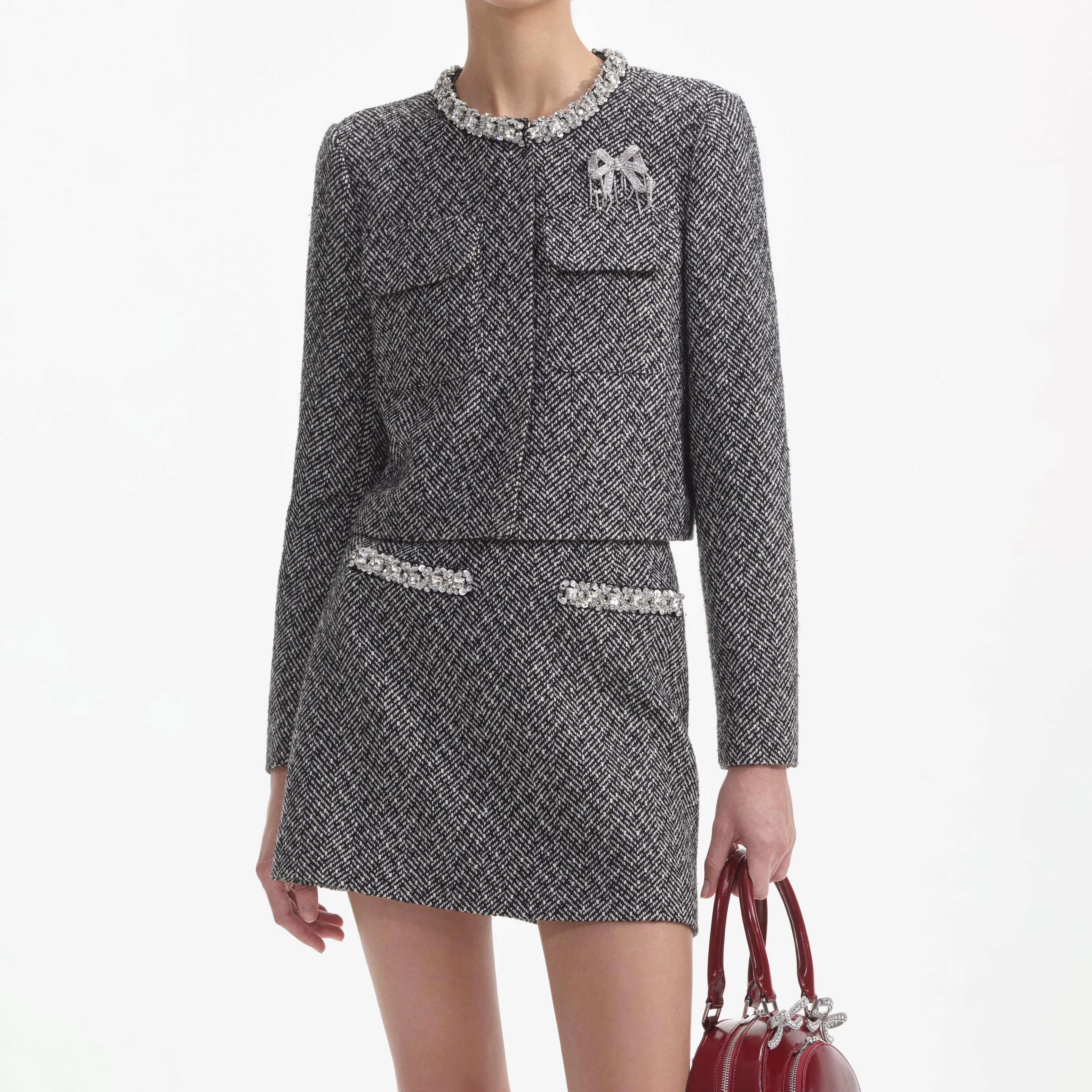 Black Herringbone Embellished Jacket - Image 4