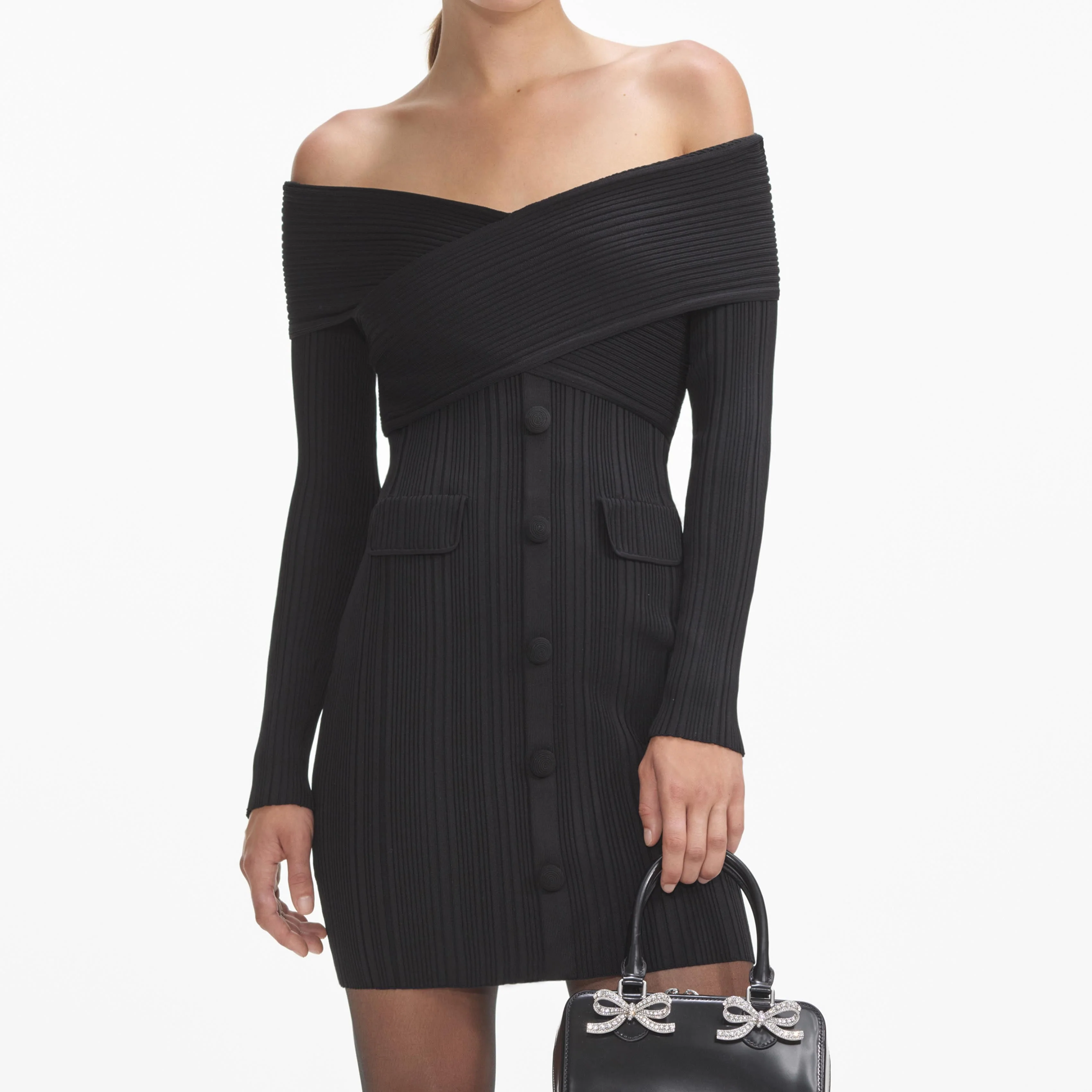 Black Off Shoulder Knit Mini Dress - Image 4