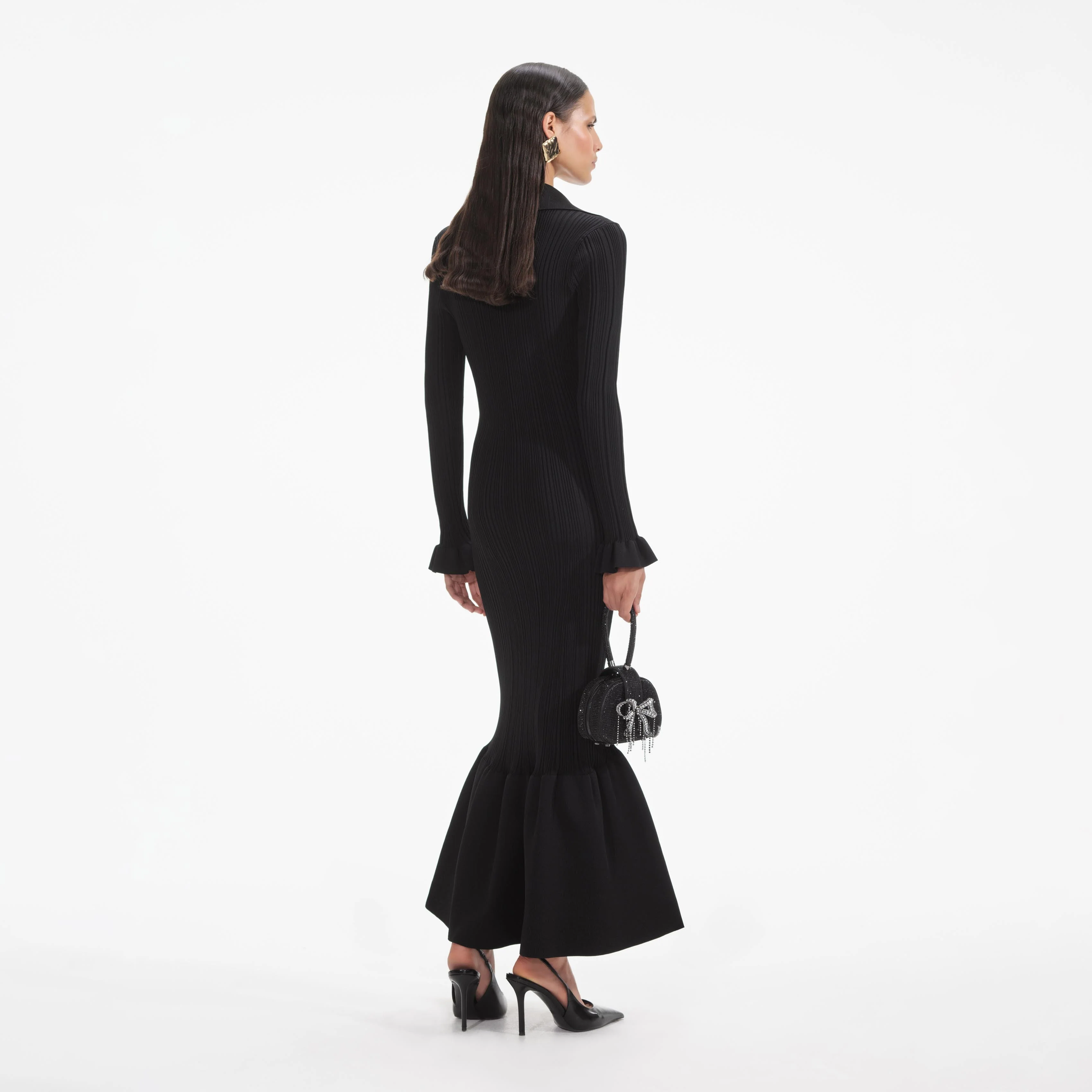 Black Ribbed Knit Fluted Midi Dress - Image 3