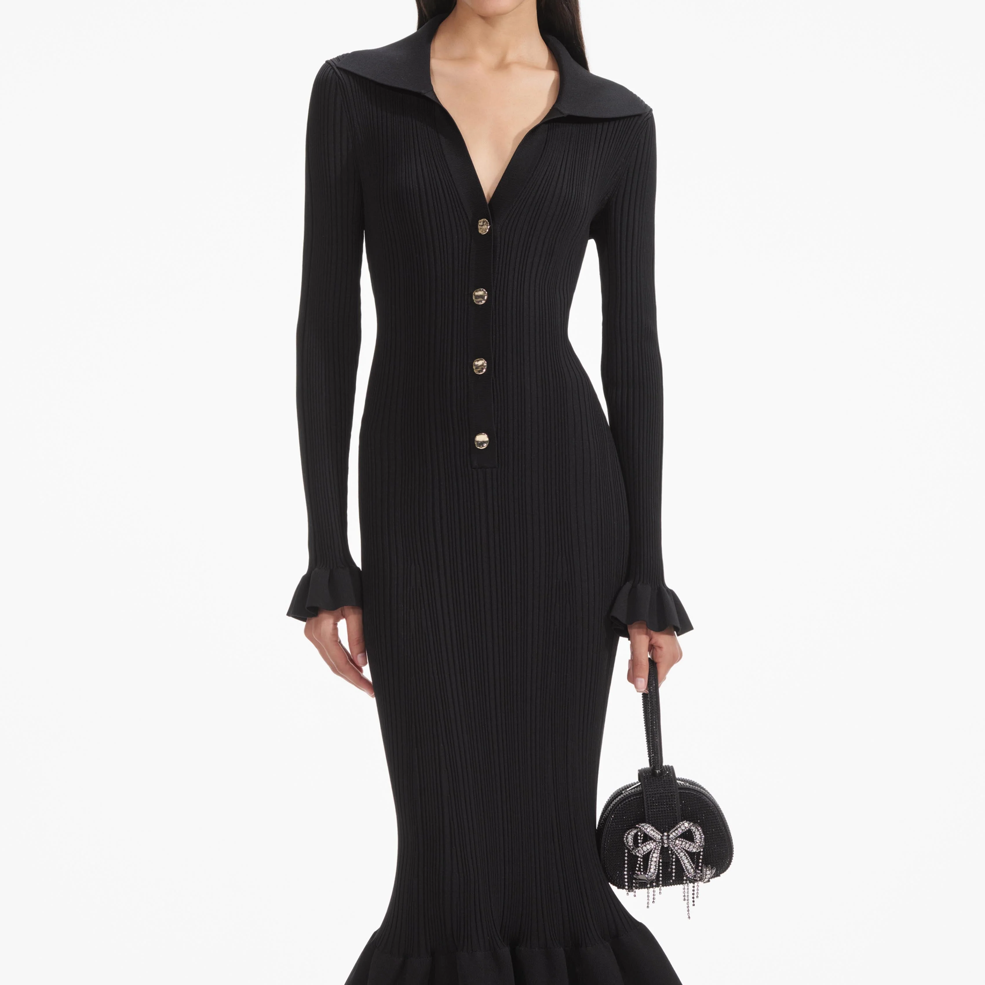 Black Ribbed Knit Fluted Midi Dress - Image 4