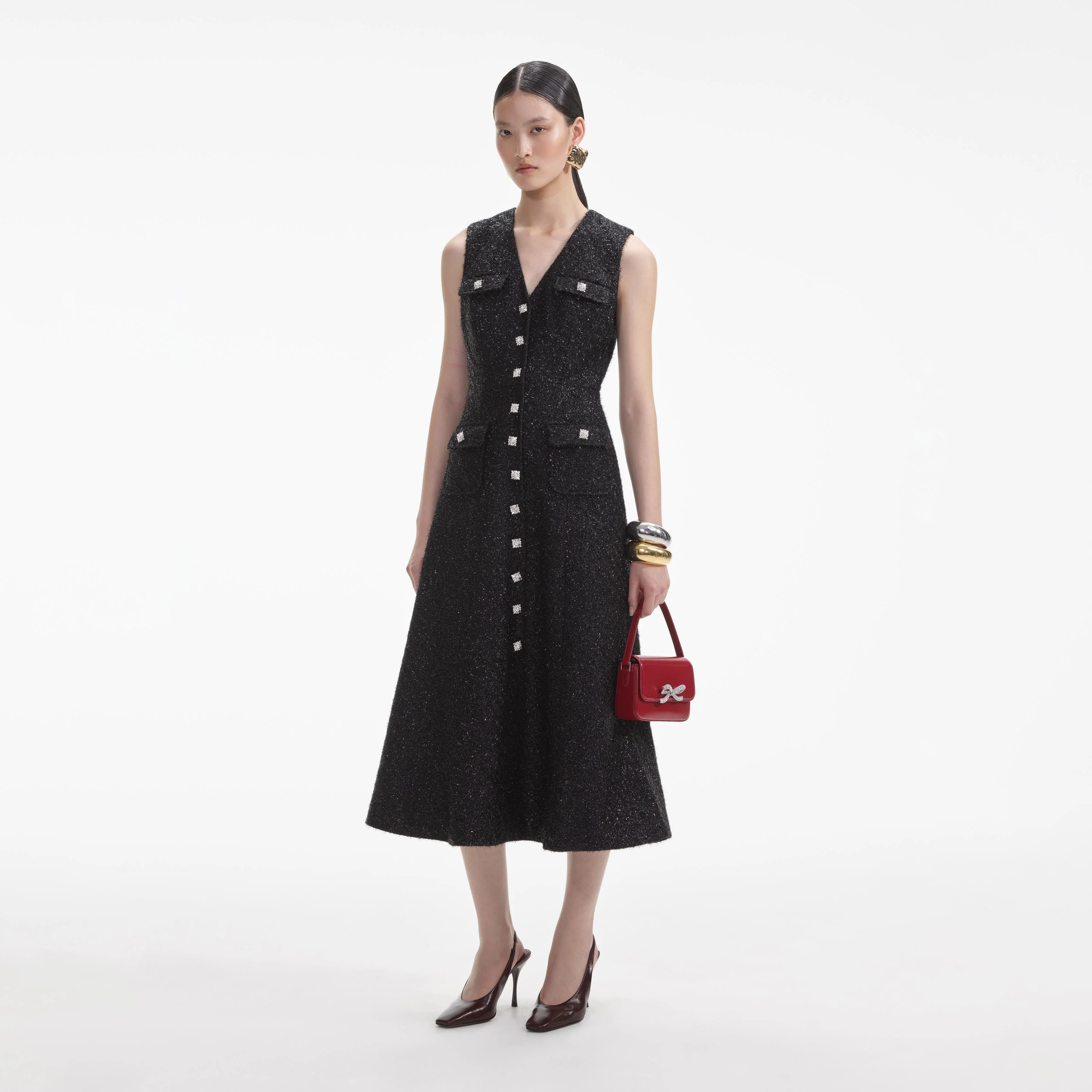 Black Tinsel Boucle Buttoned Midi Dress - Image 2