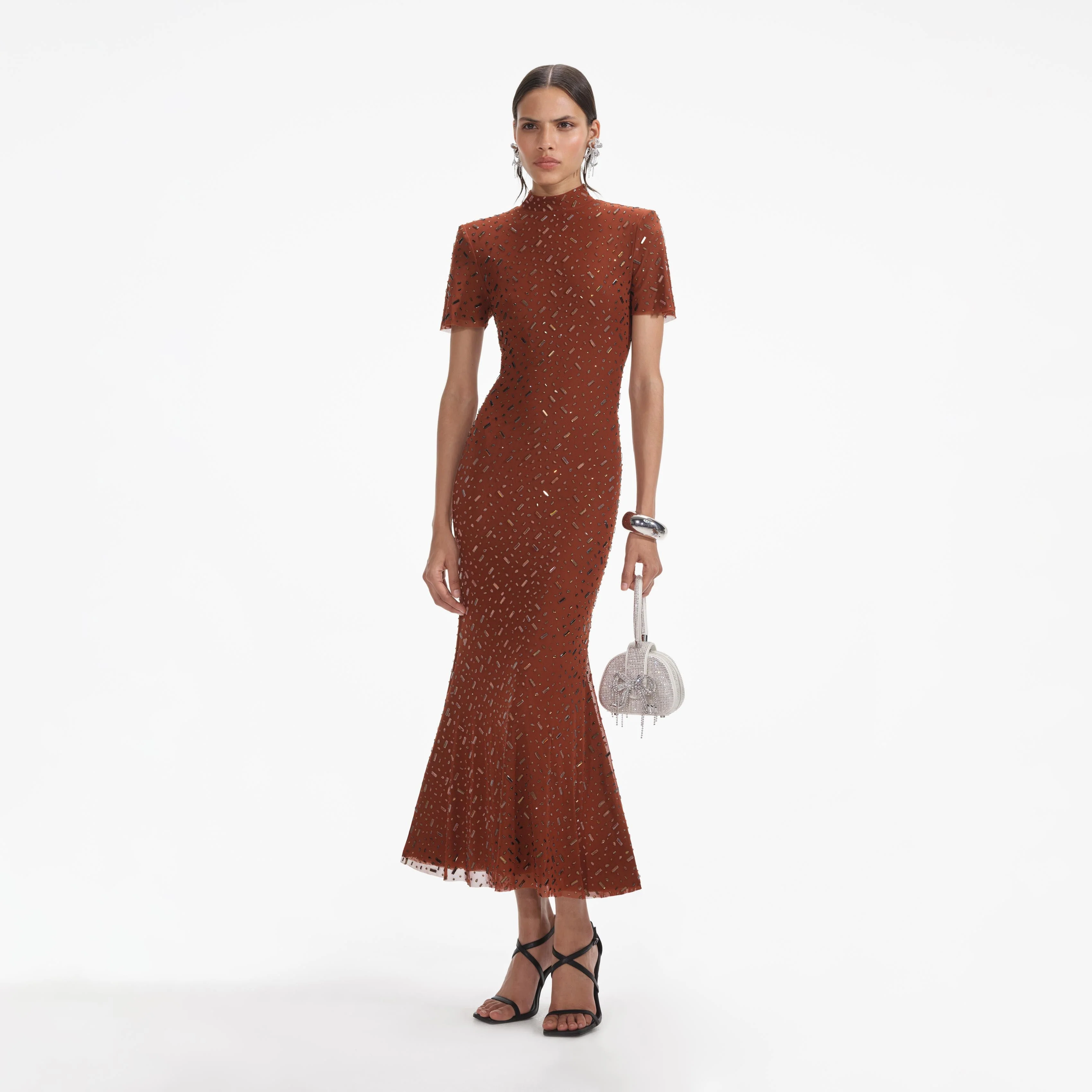 Brown Square Rhinestone Mesh Midi Dress - Image 2