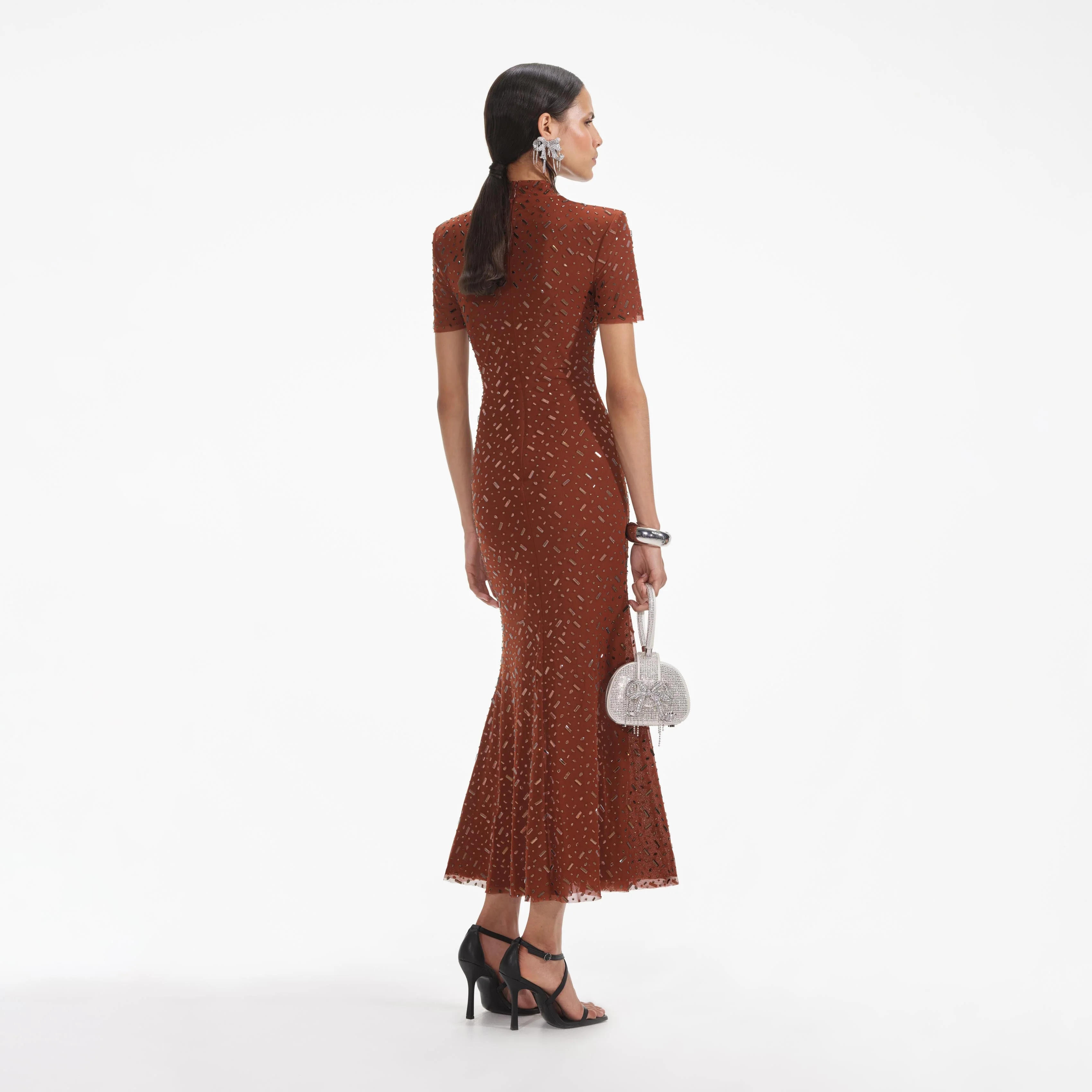 Brown Square Rhinestone Mesh Midi Dress - Image 3