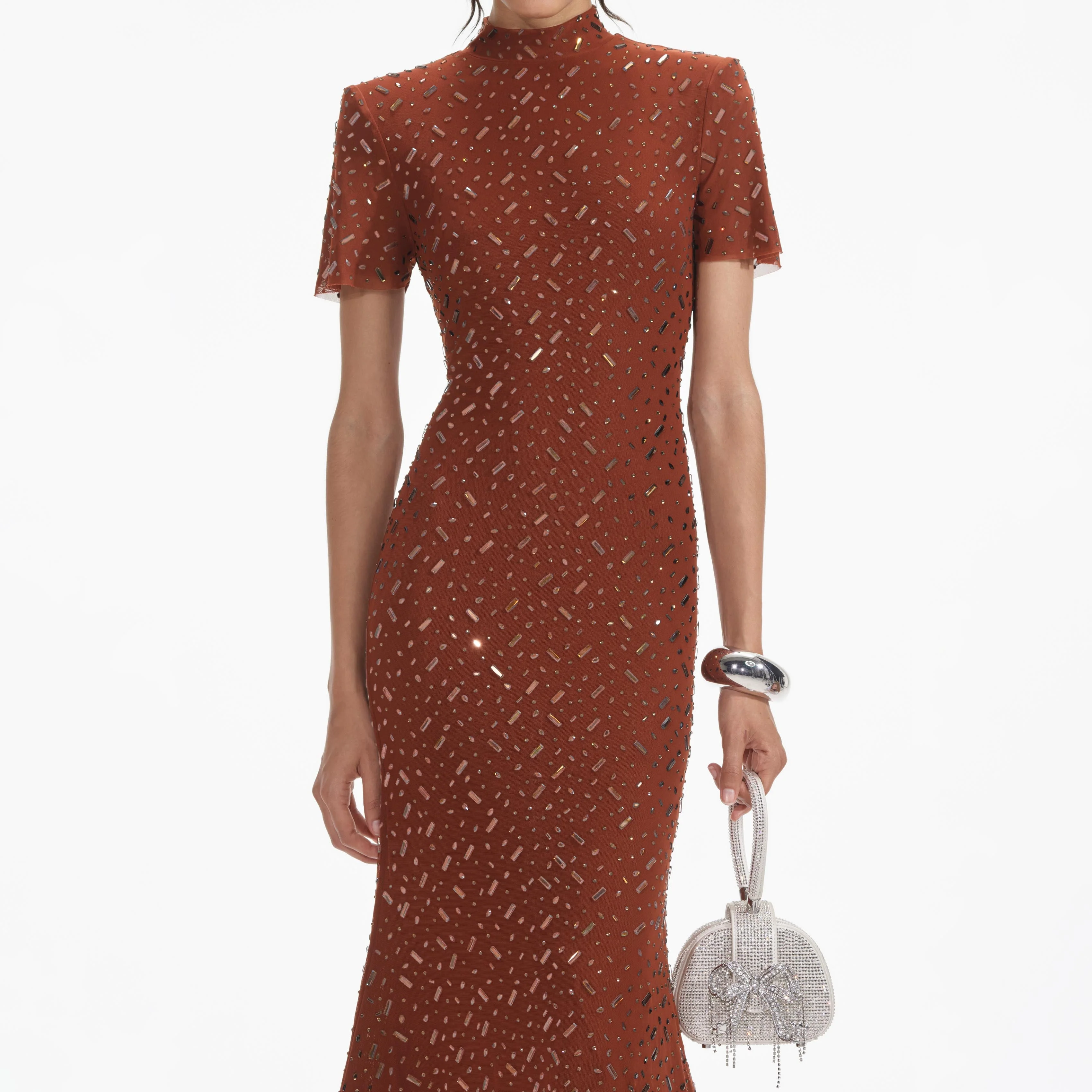Brown Square Rhinestone Mesh Midi Dress - Image 4