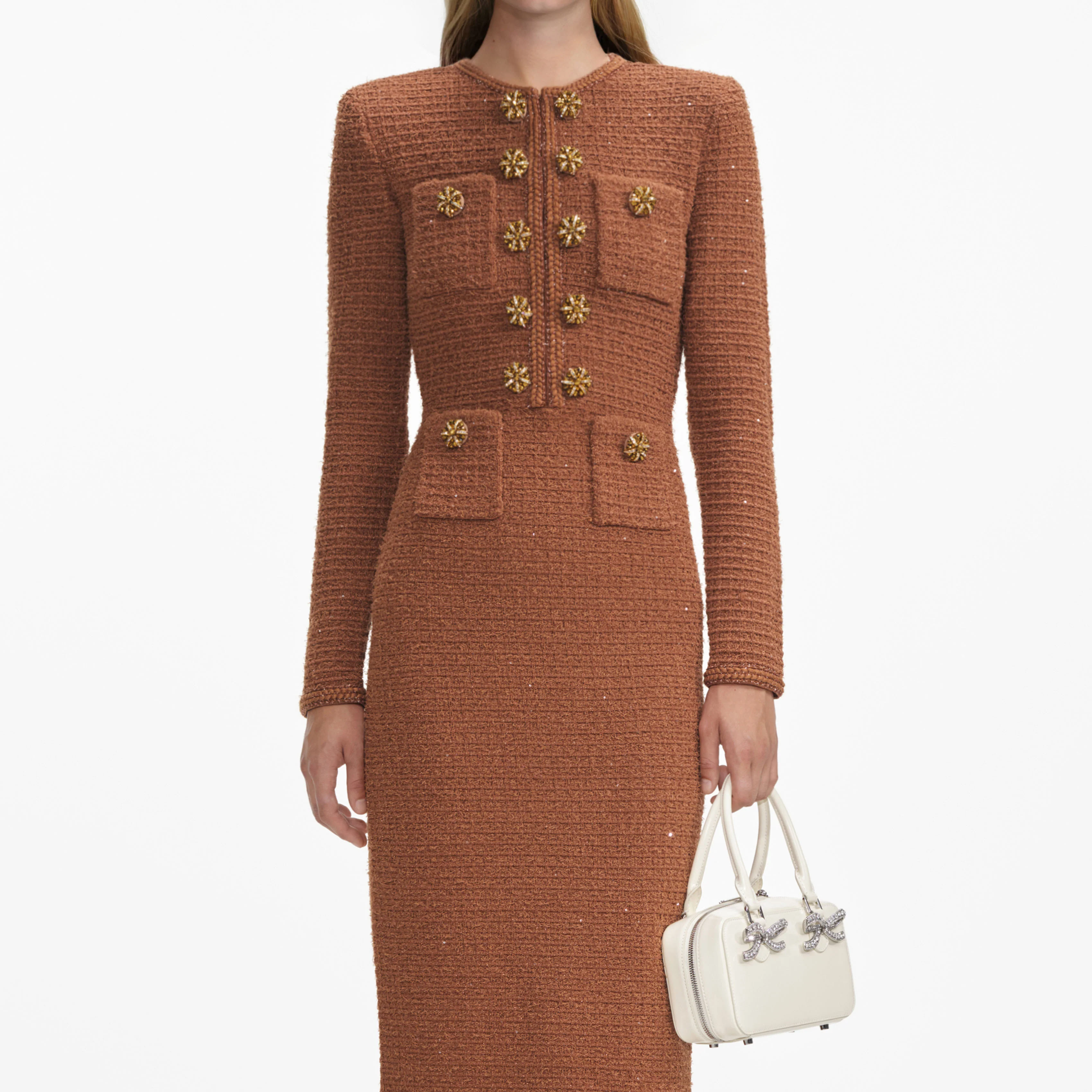 Brown Textured Knit Midi Dress - Image 4