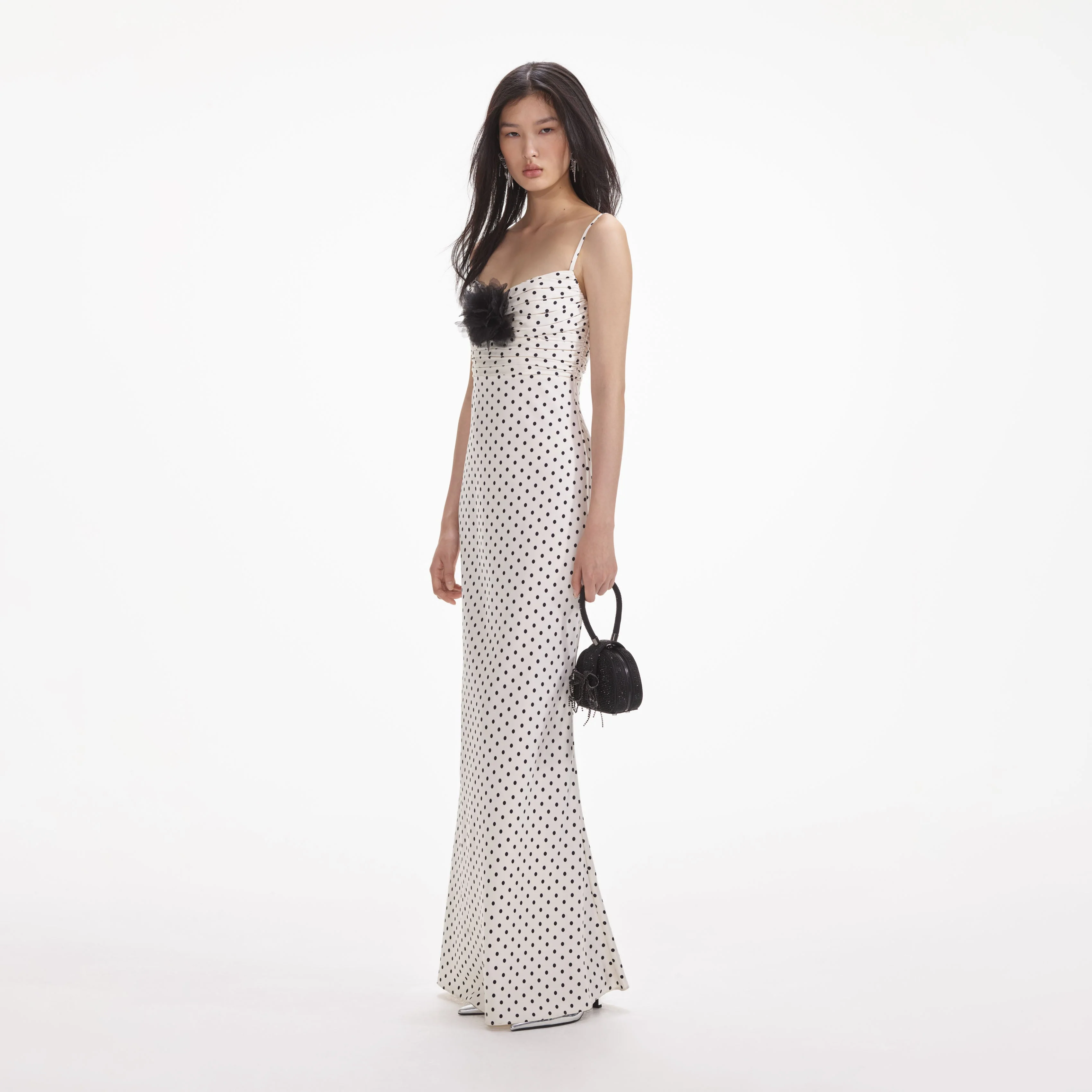 Cream Polka Dot Satin Maxi Dress - Image 2