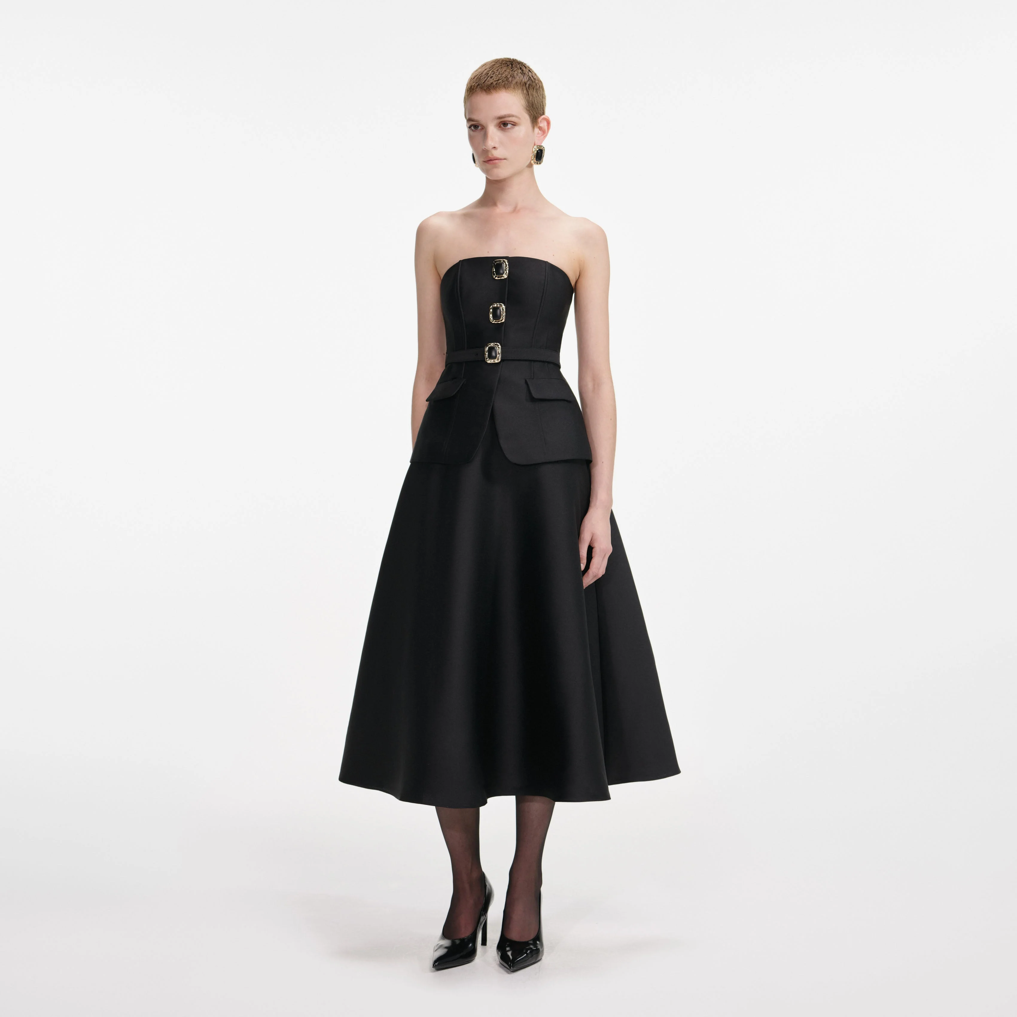 Black Taffeta Bandeau Midi Dress - Image 2