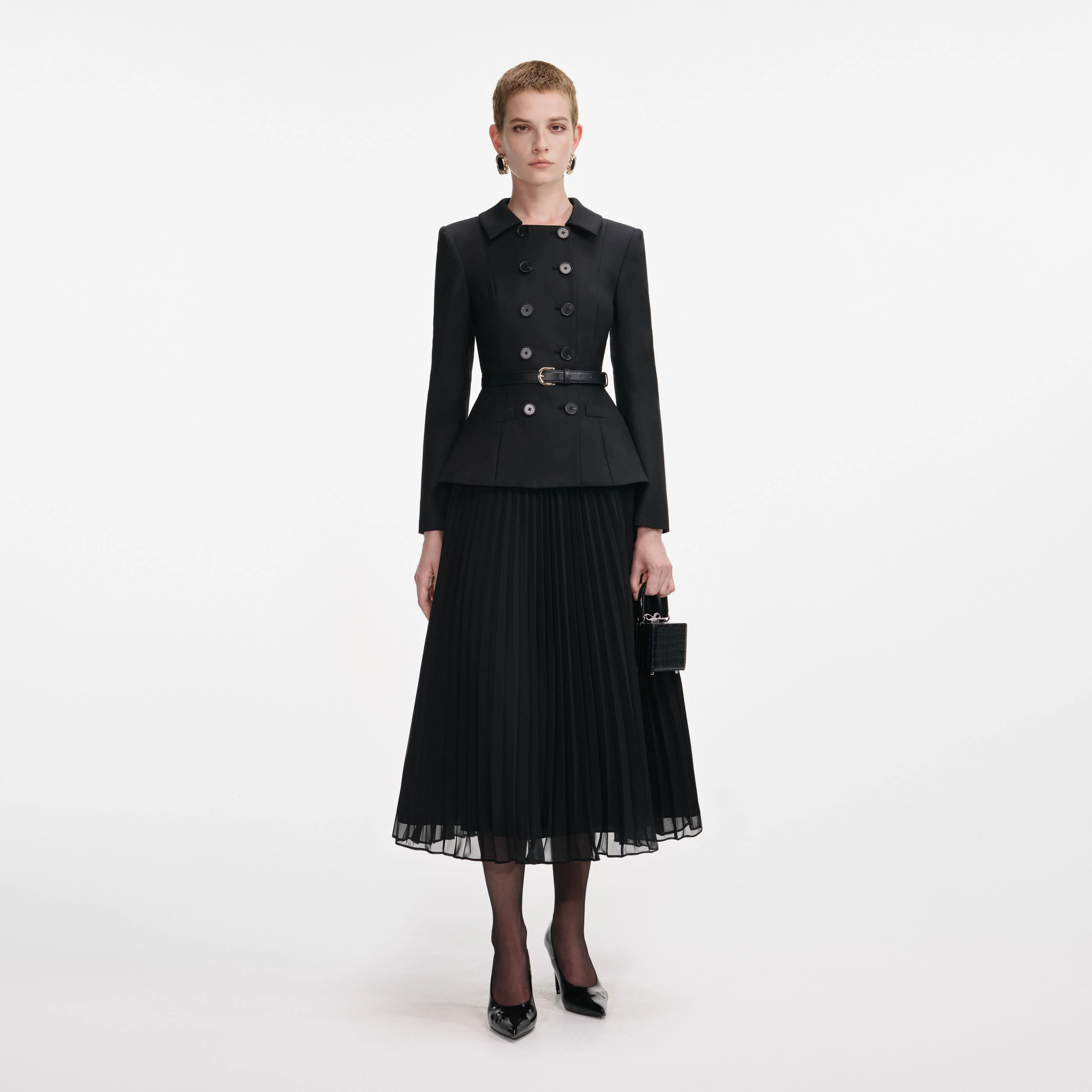 Black Wool Crepe Midi Dress