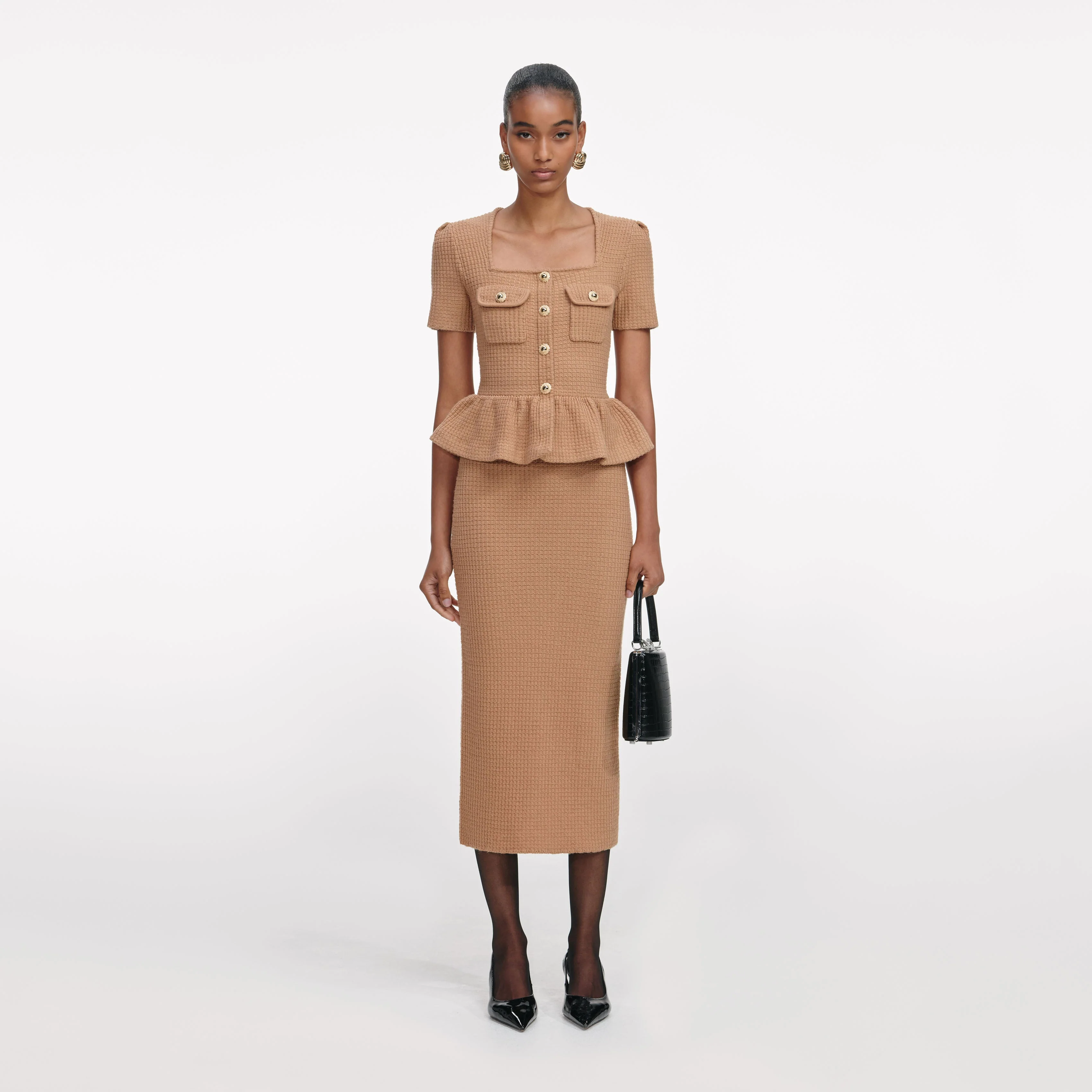 Camel Peplum Knit Midi Dress