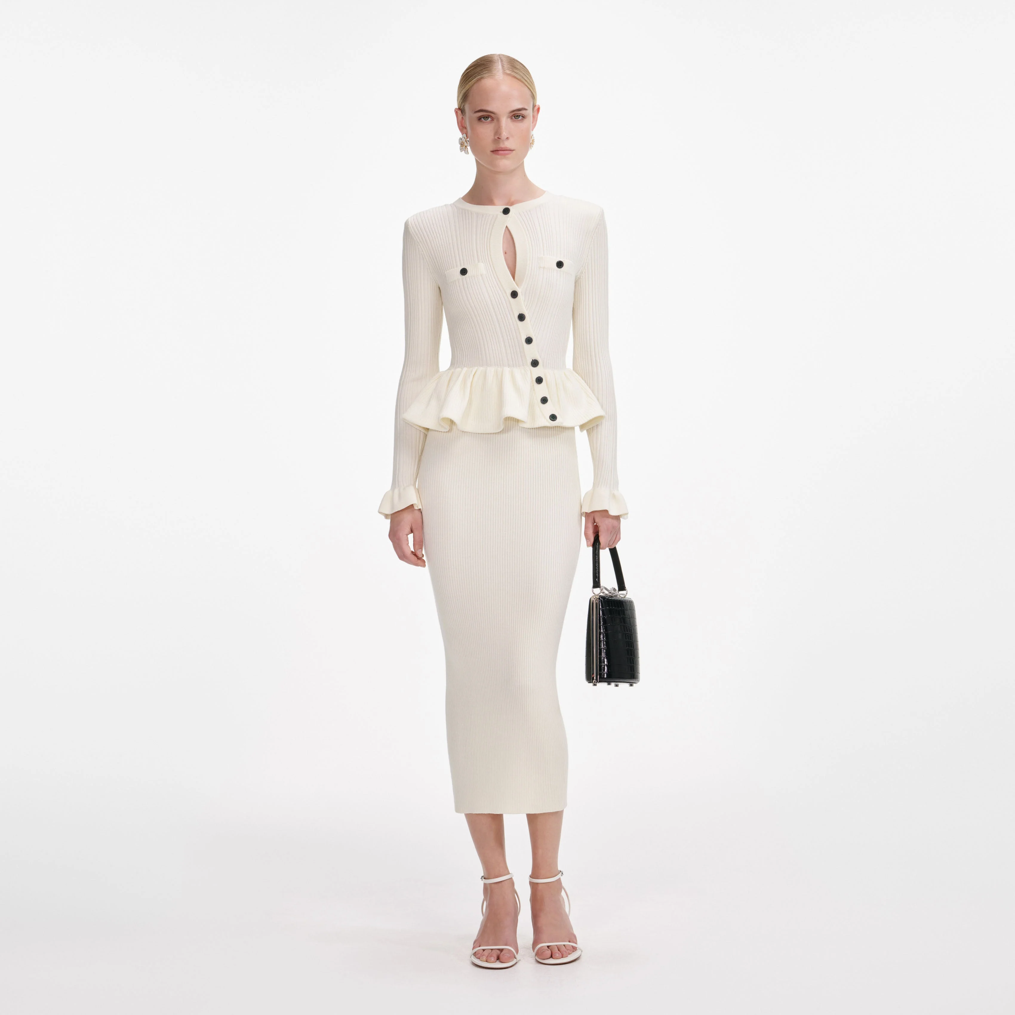 Cream Asymmetric Knit Midi Dress