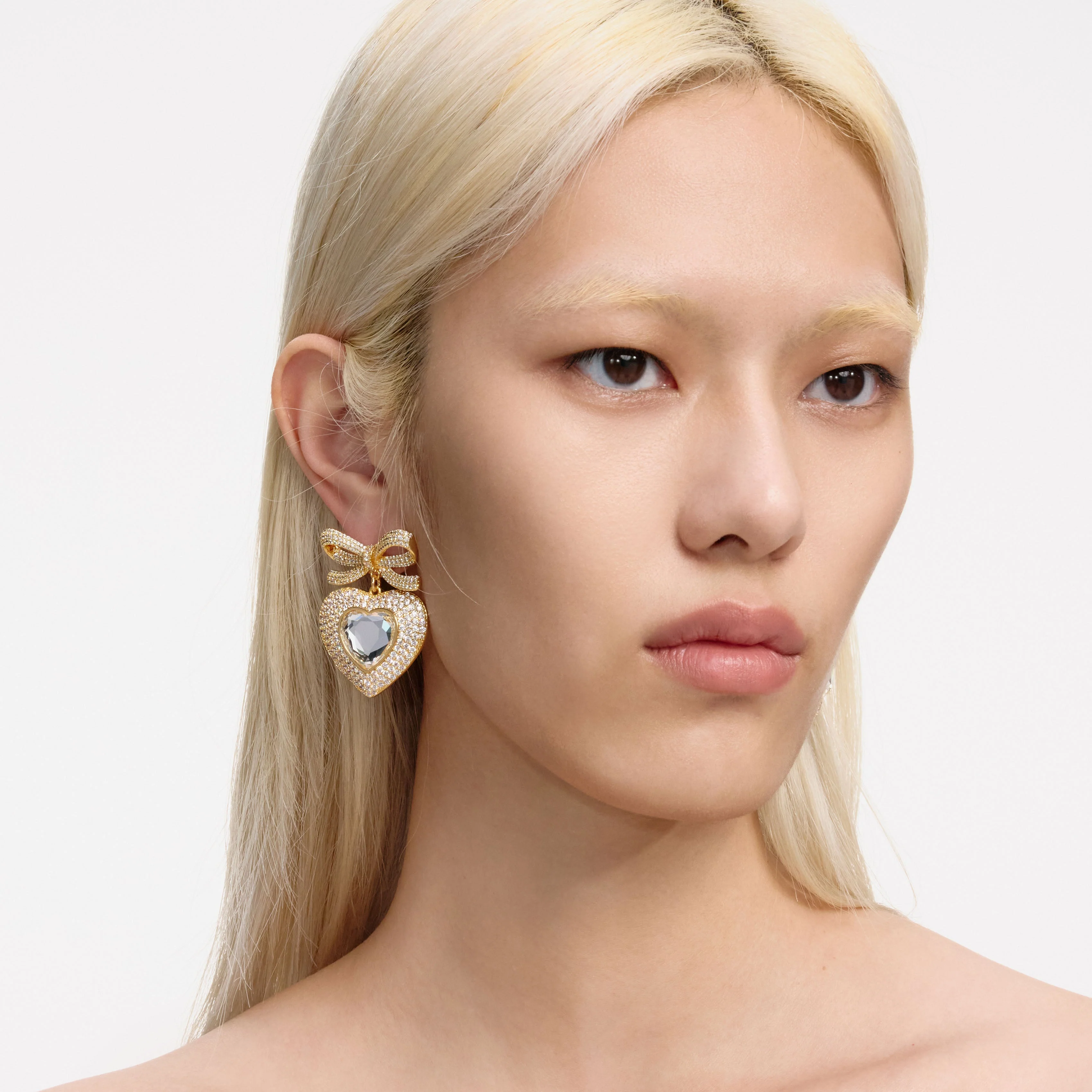 Gold Bow Crystal Heart Earrings - Image 2