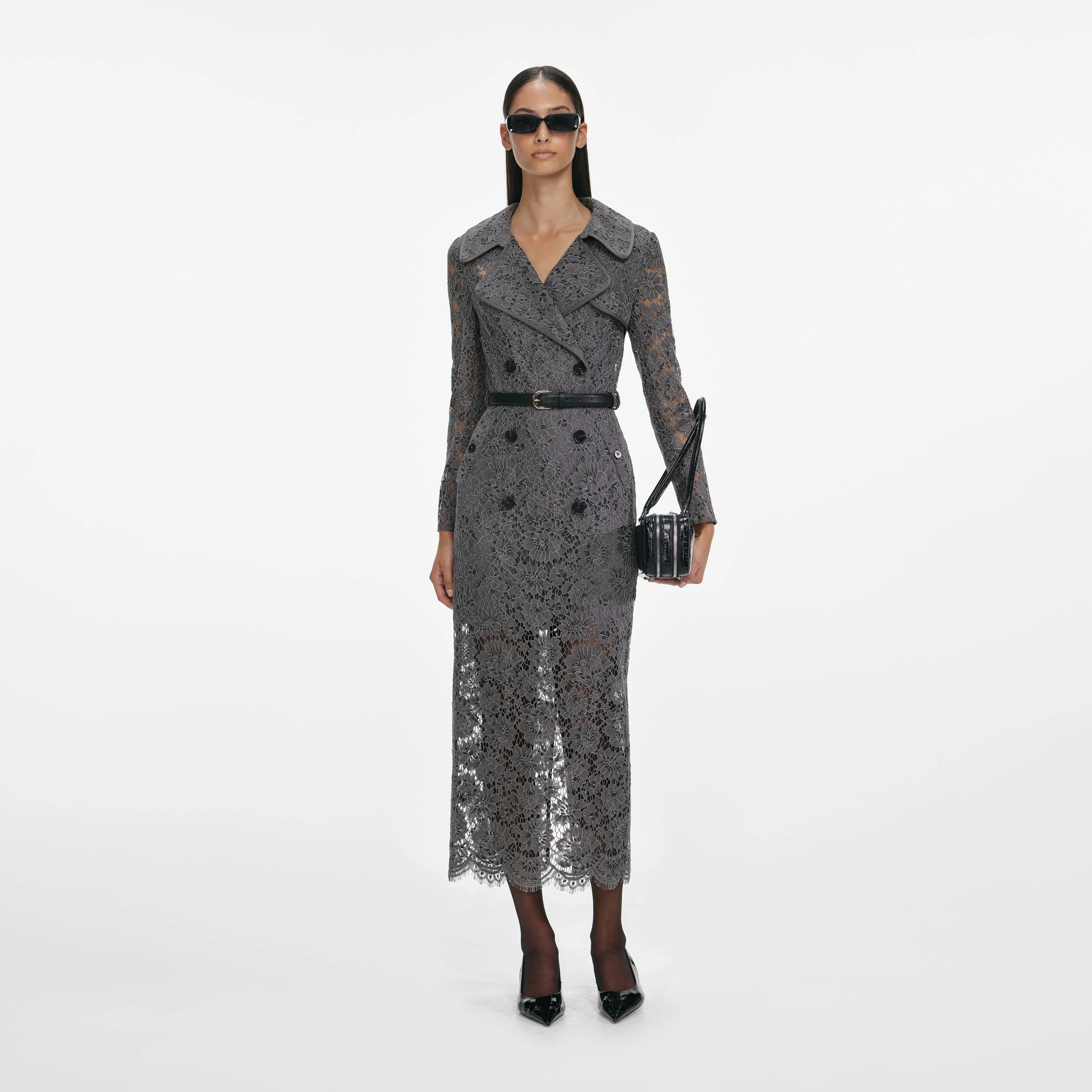Grey Floral Lace Midi Dress