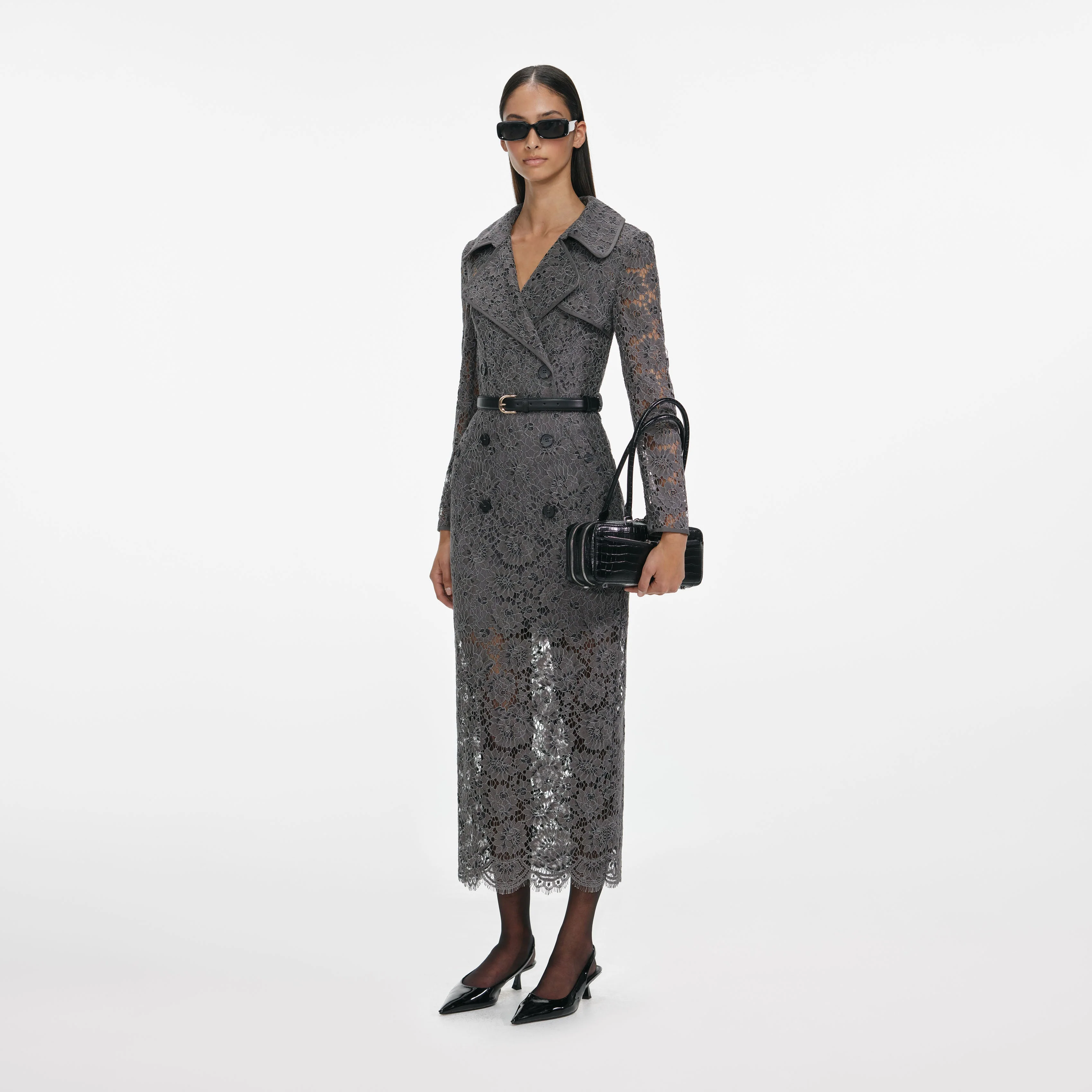 Grey Floral Lace Midi Dress - Image 2