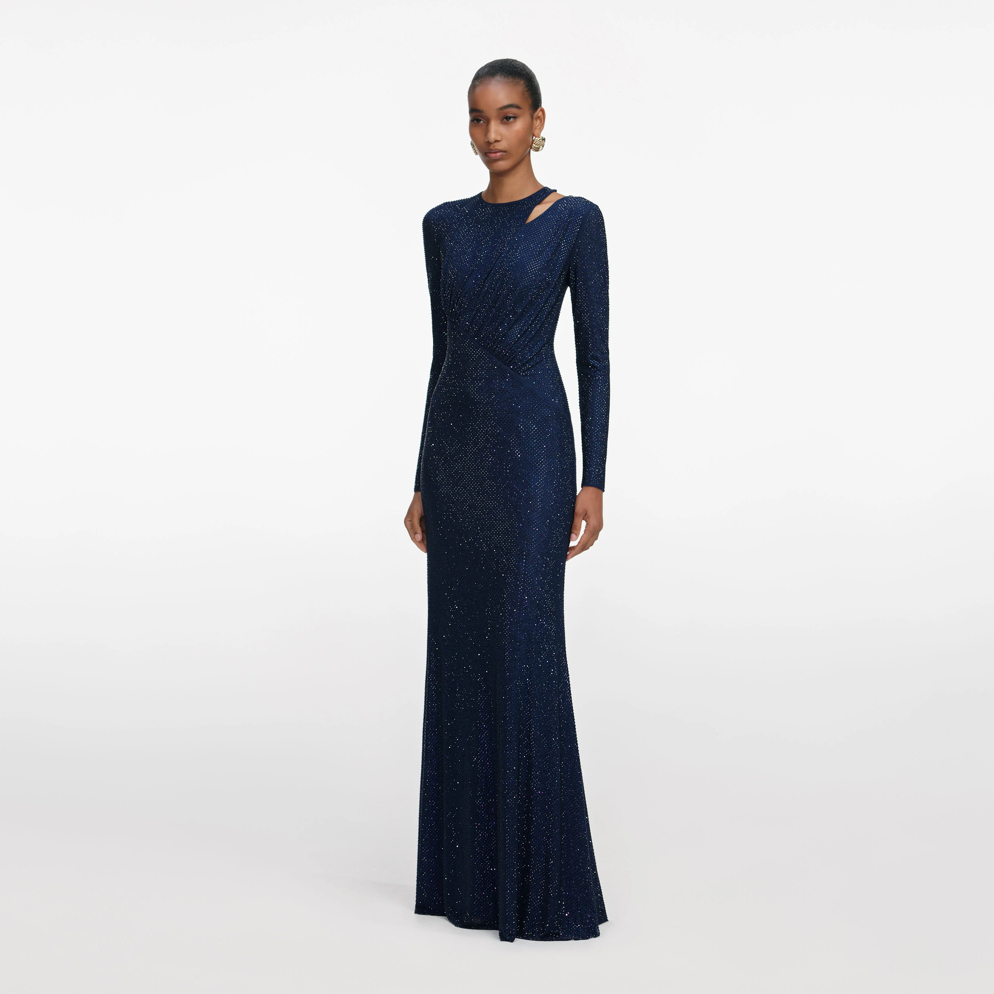 Navy Rhinestone Mesh Cut Out Maxi Dress - Image 2