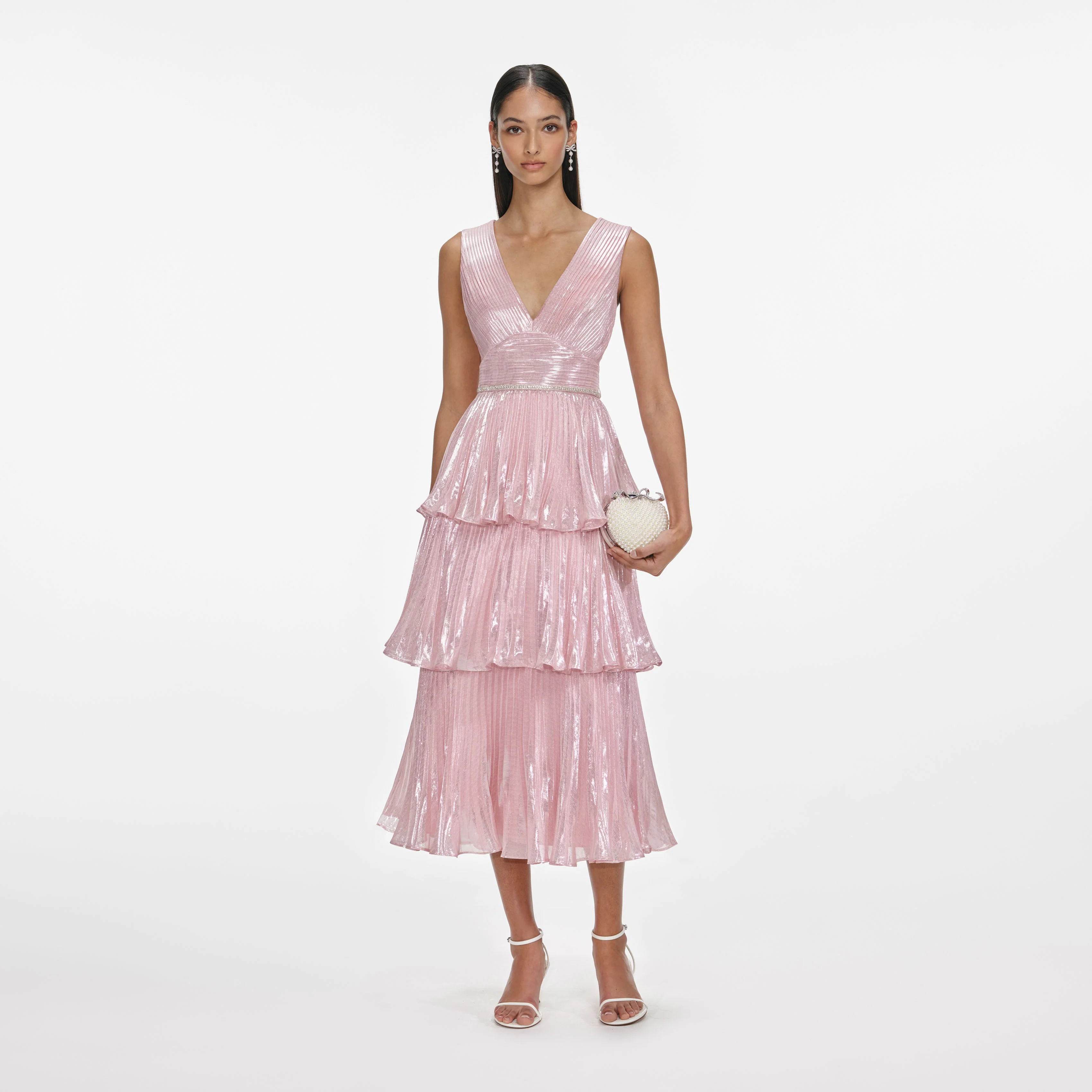 Pink Metallic Tiered Midi Dress
