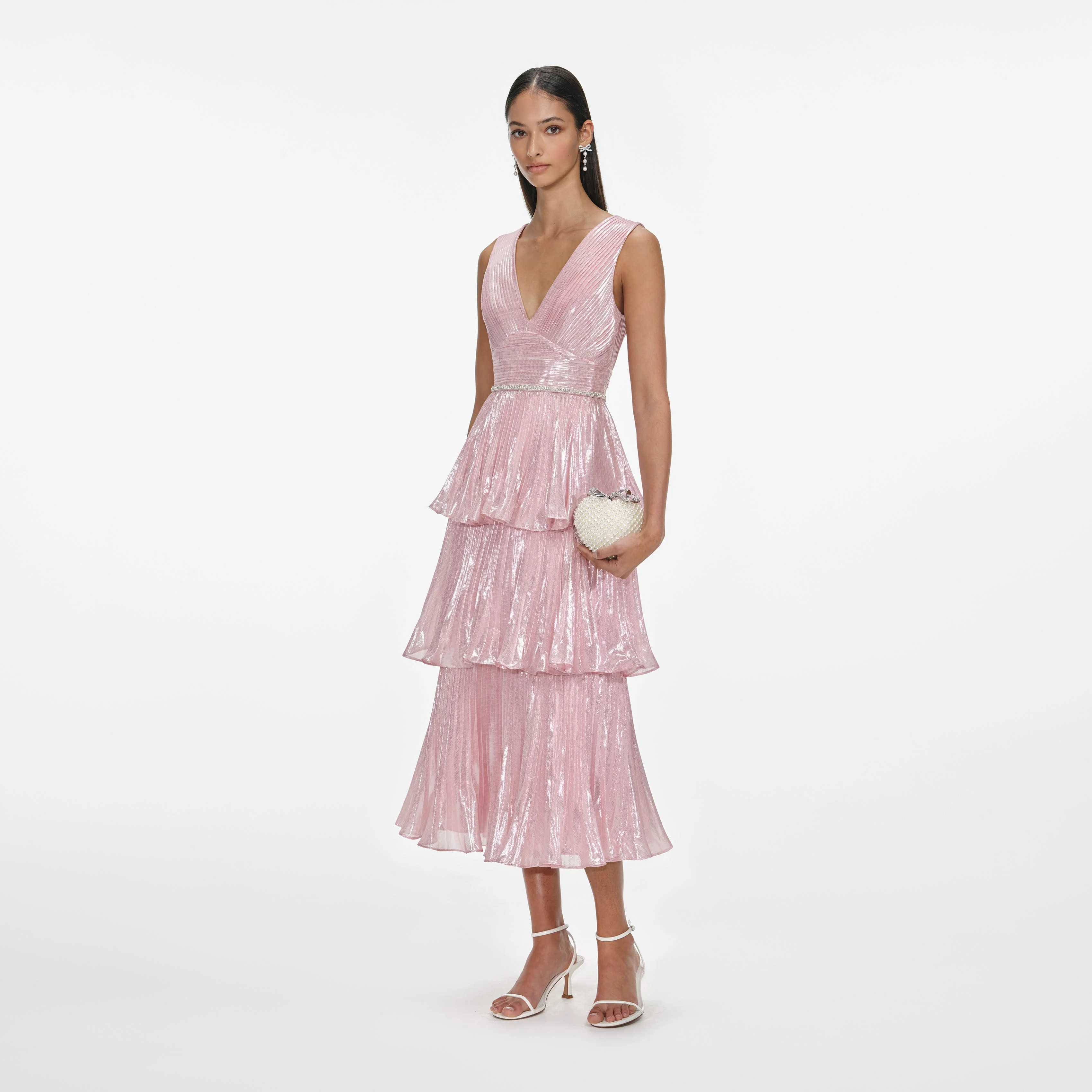 Pink Metallic Tiered Midi Dress - Image 2