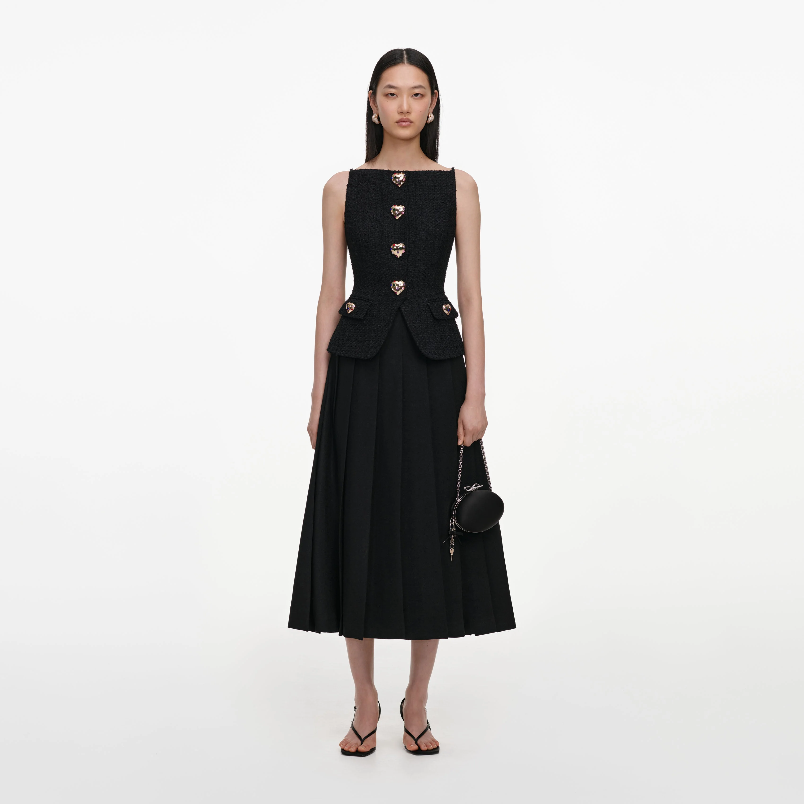 Black Boucle Crepe Midi Dress