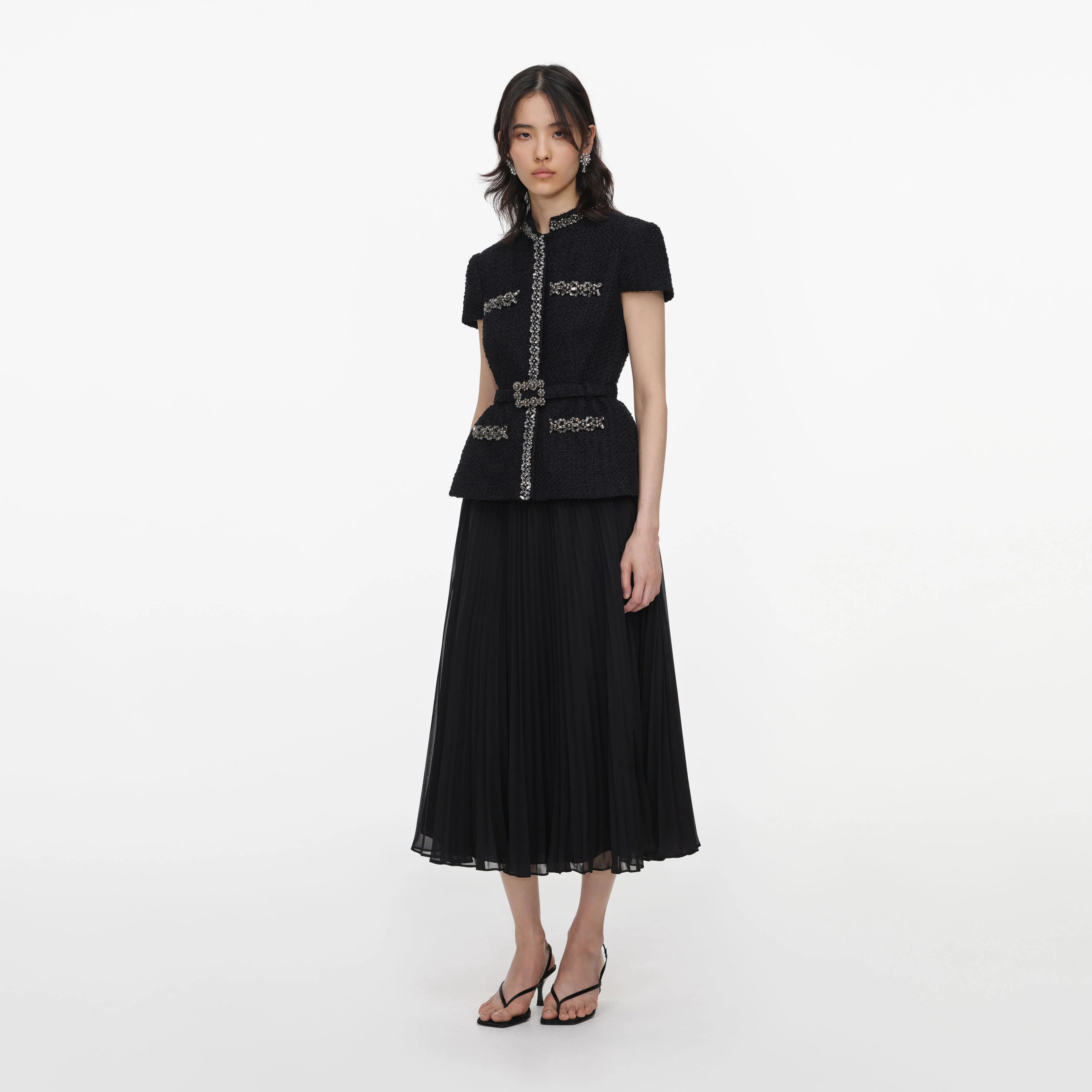 Black Boucle Crystal Trim Chiffon Midi Dress - Image 2