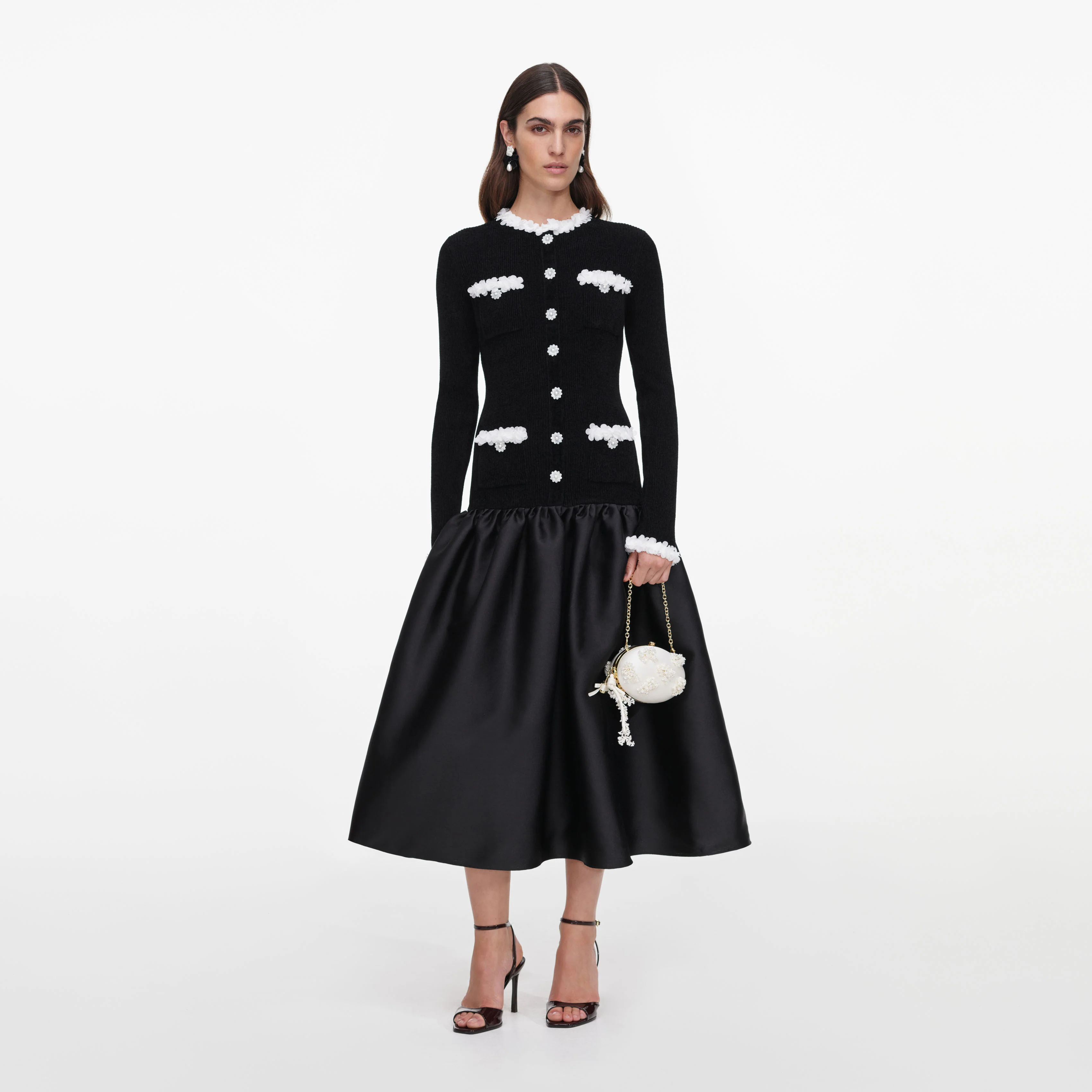 Black Chenille Taffeta Midi Dress