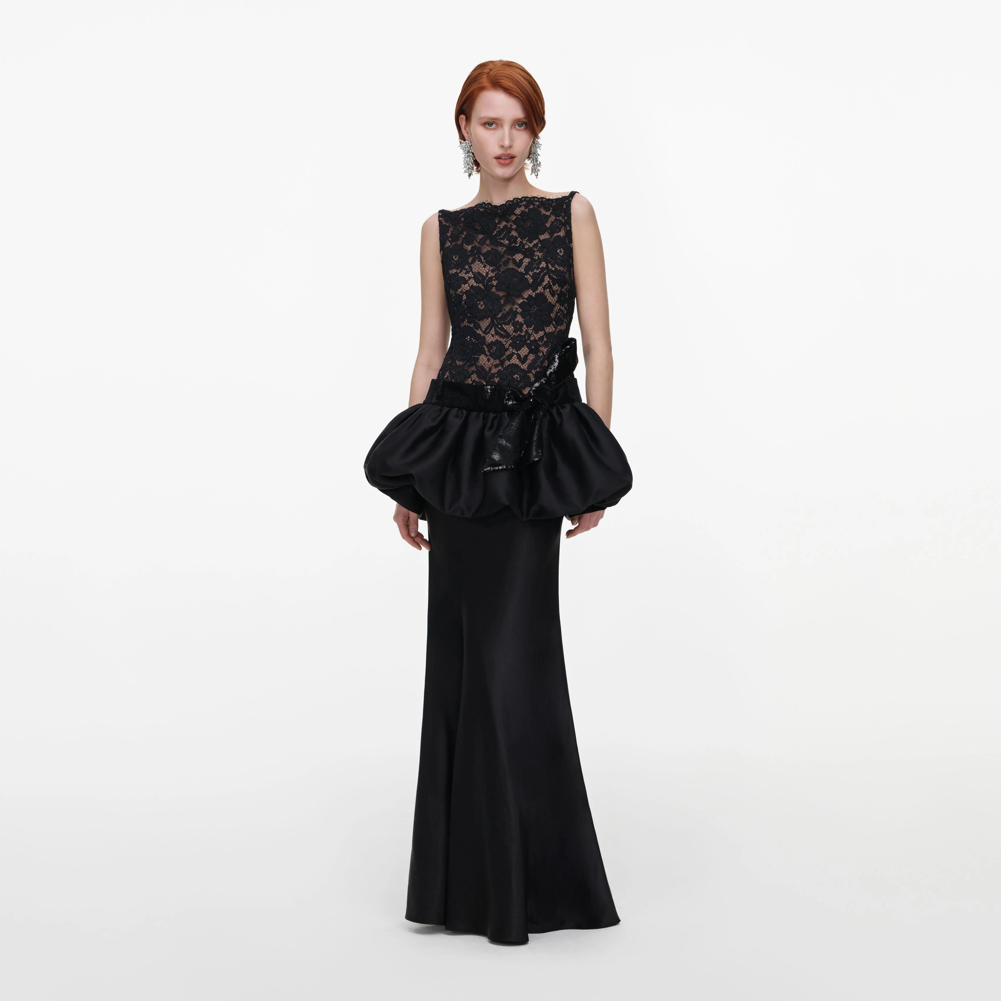 Black Lace Bubble Peplum Maxi Dress