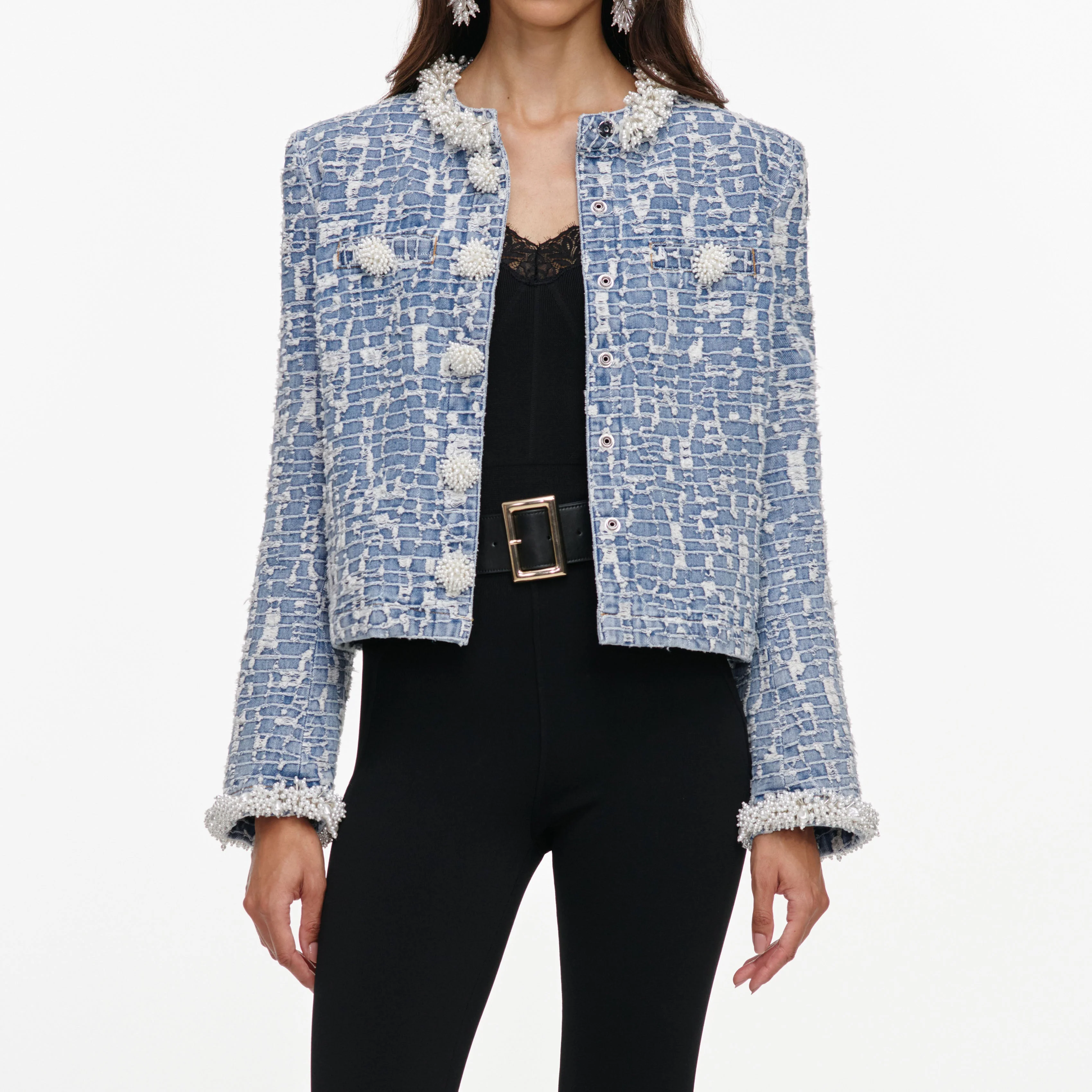Blue Textured Denim Jacket - Image 4