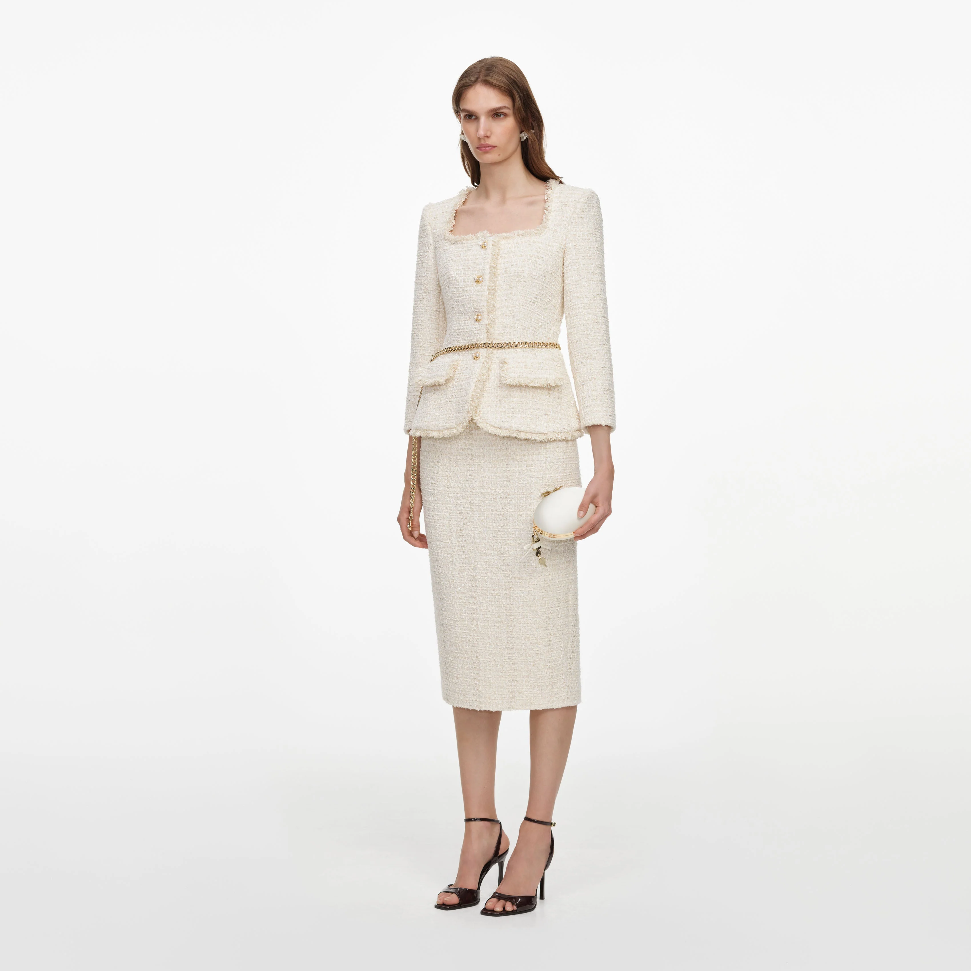Cream Boucle Tailored Chain Midi Dress - Image 2