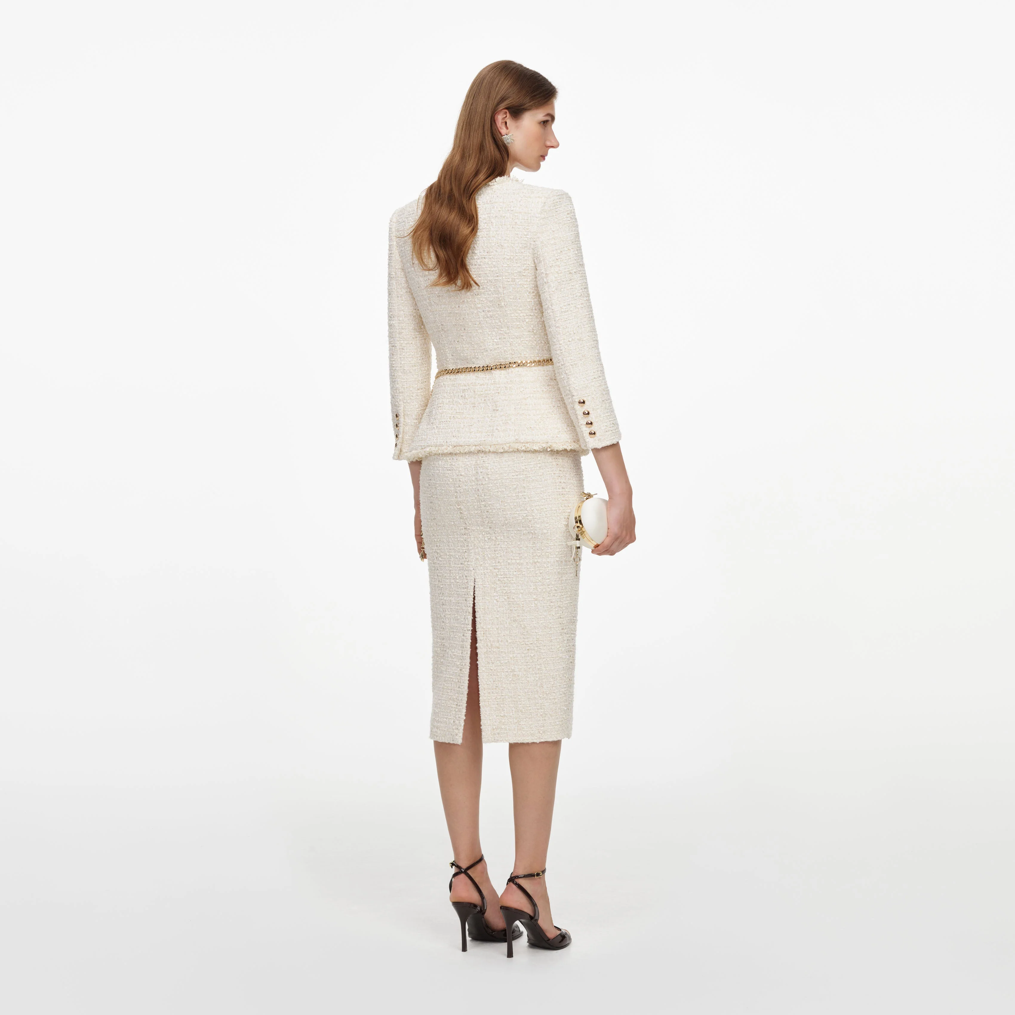 Cream Boucle Tailored Chain Midi Dress - Image 3
