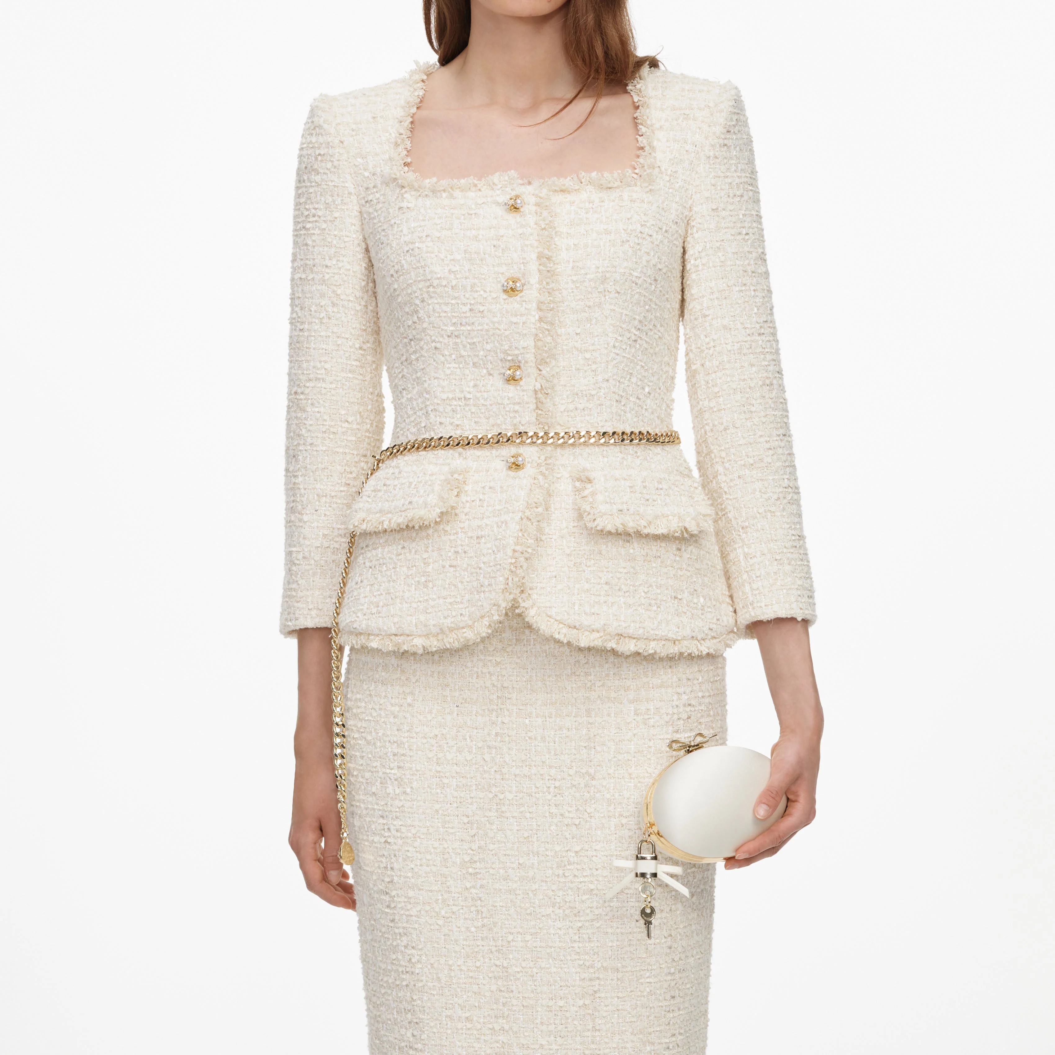 Cream Boucle Tailored Chain Midi Dress - Image 4