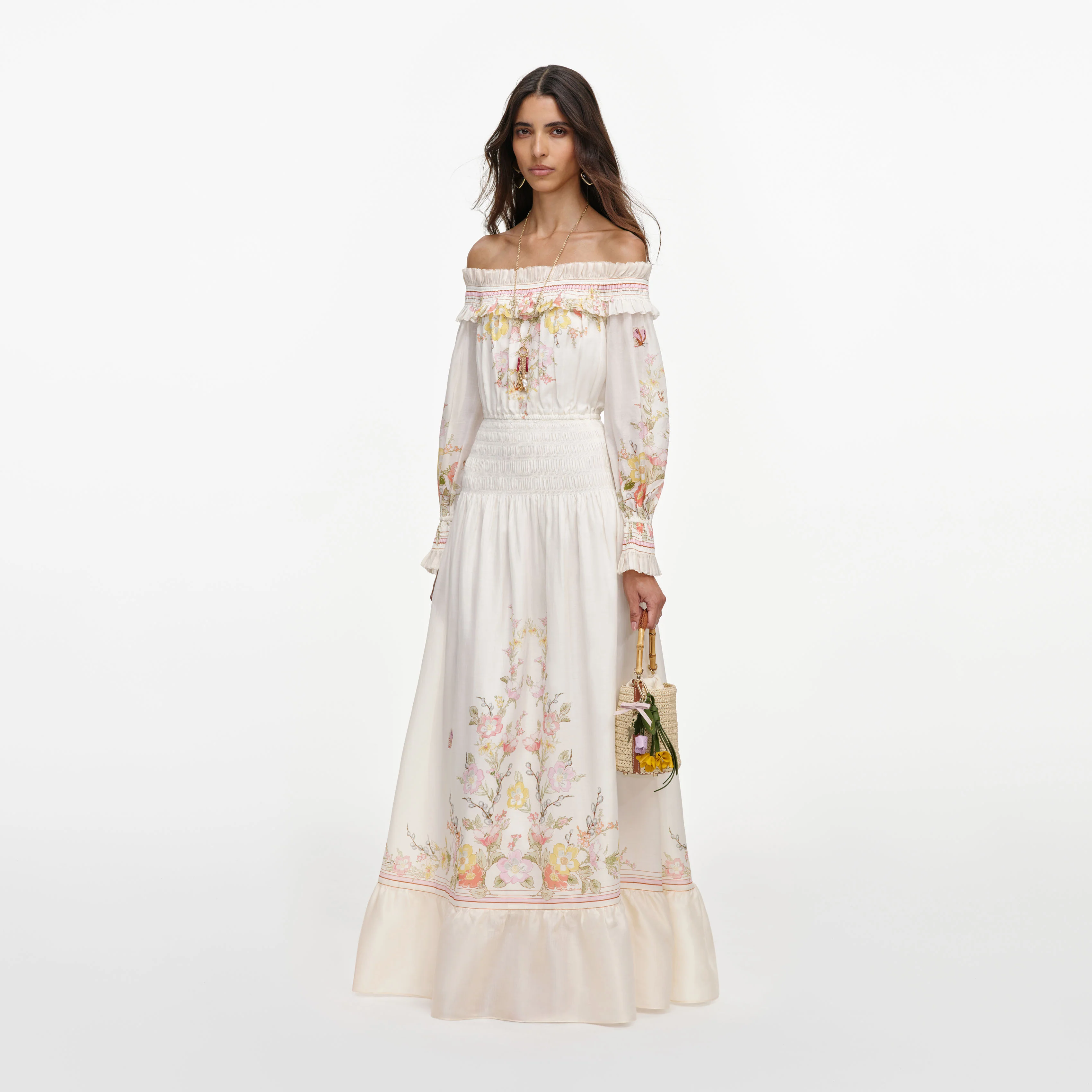 Cream Floral Organza Ruffle Maxi Dress - Image 2