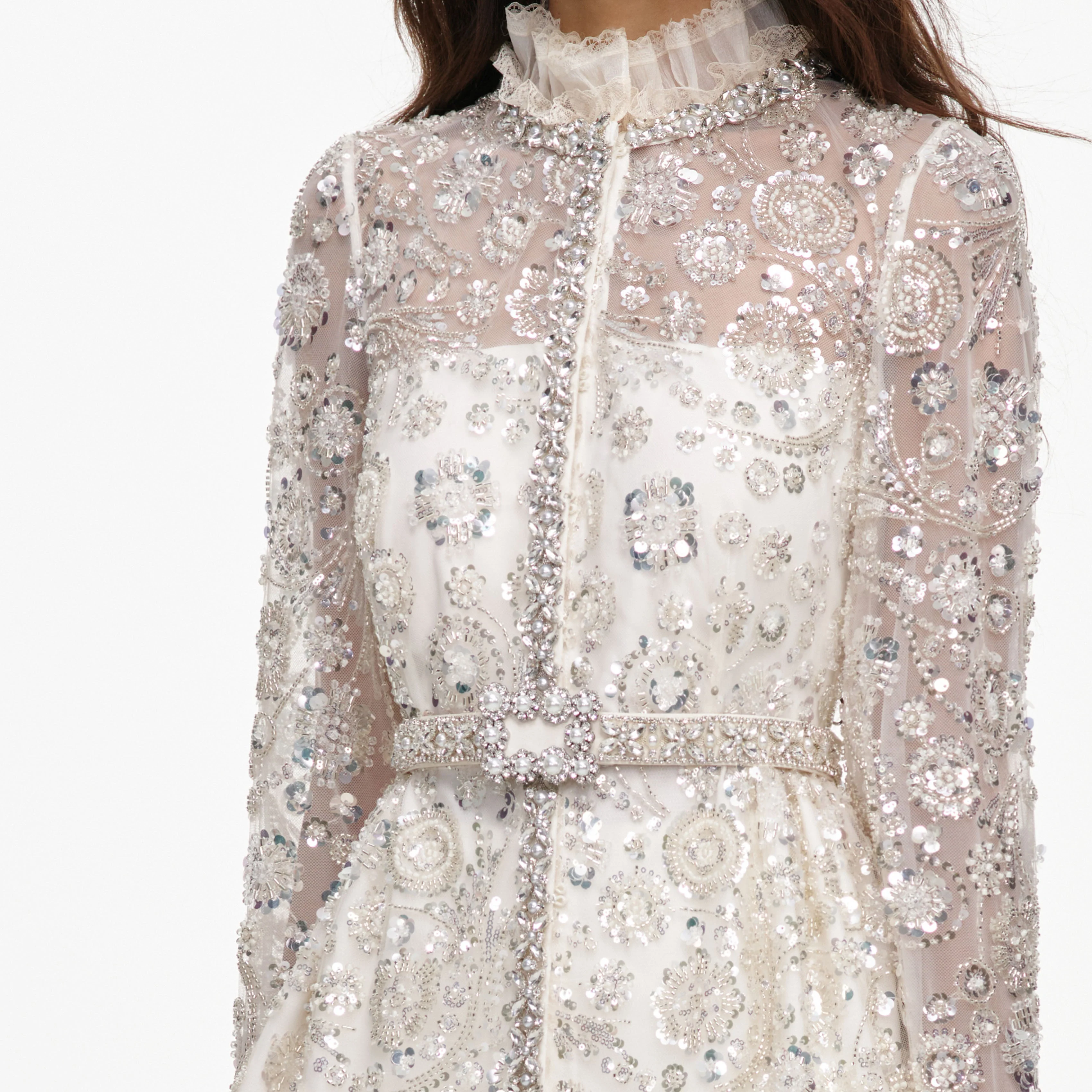 Cream Sequin Embellished Satin Maxi Dress - Image 5