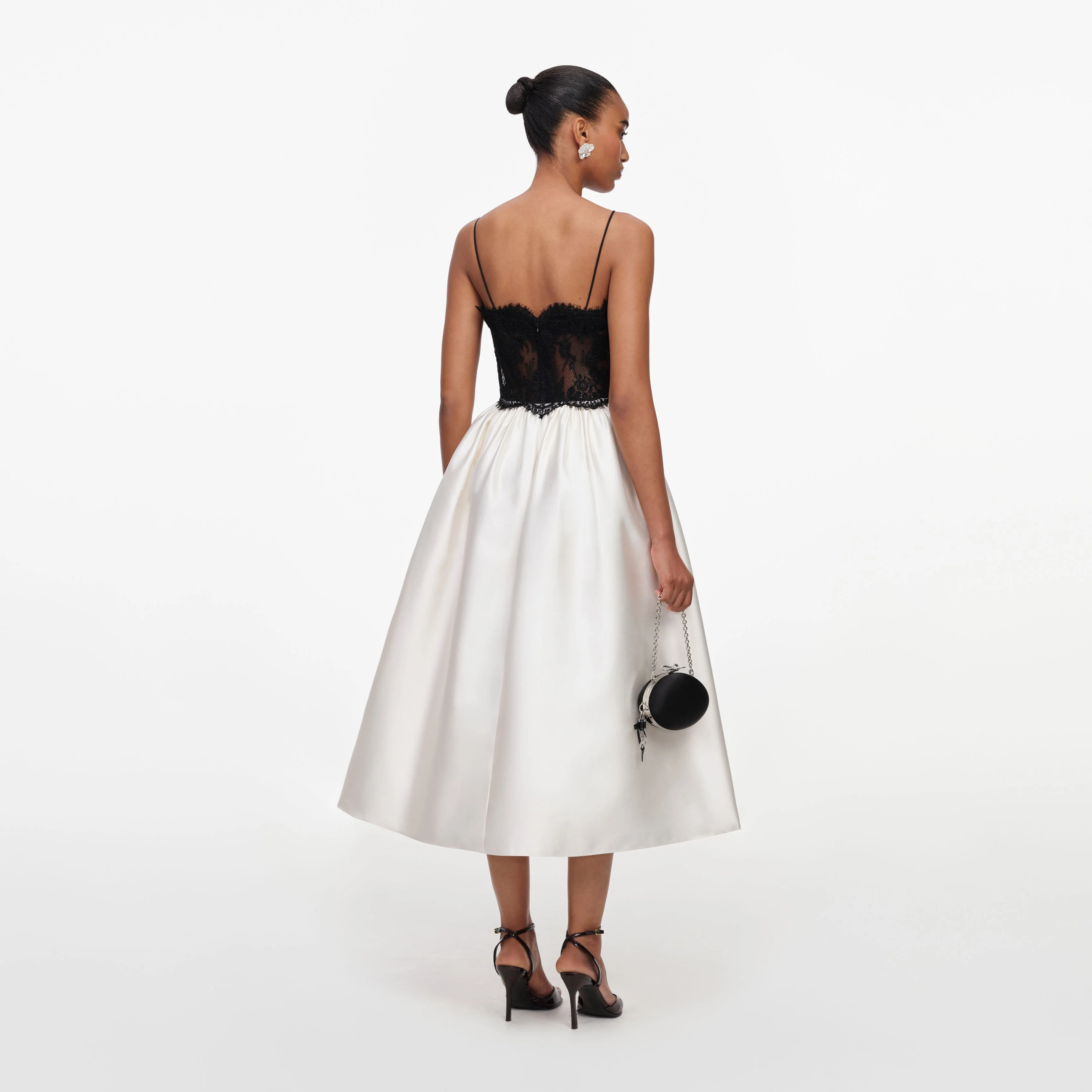 Cream Taffeta Contrast Lace Midi Dress - Image 3