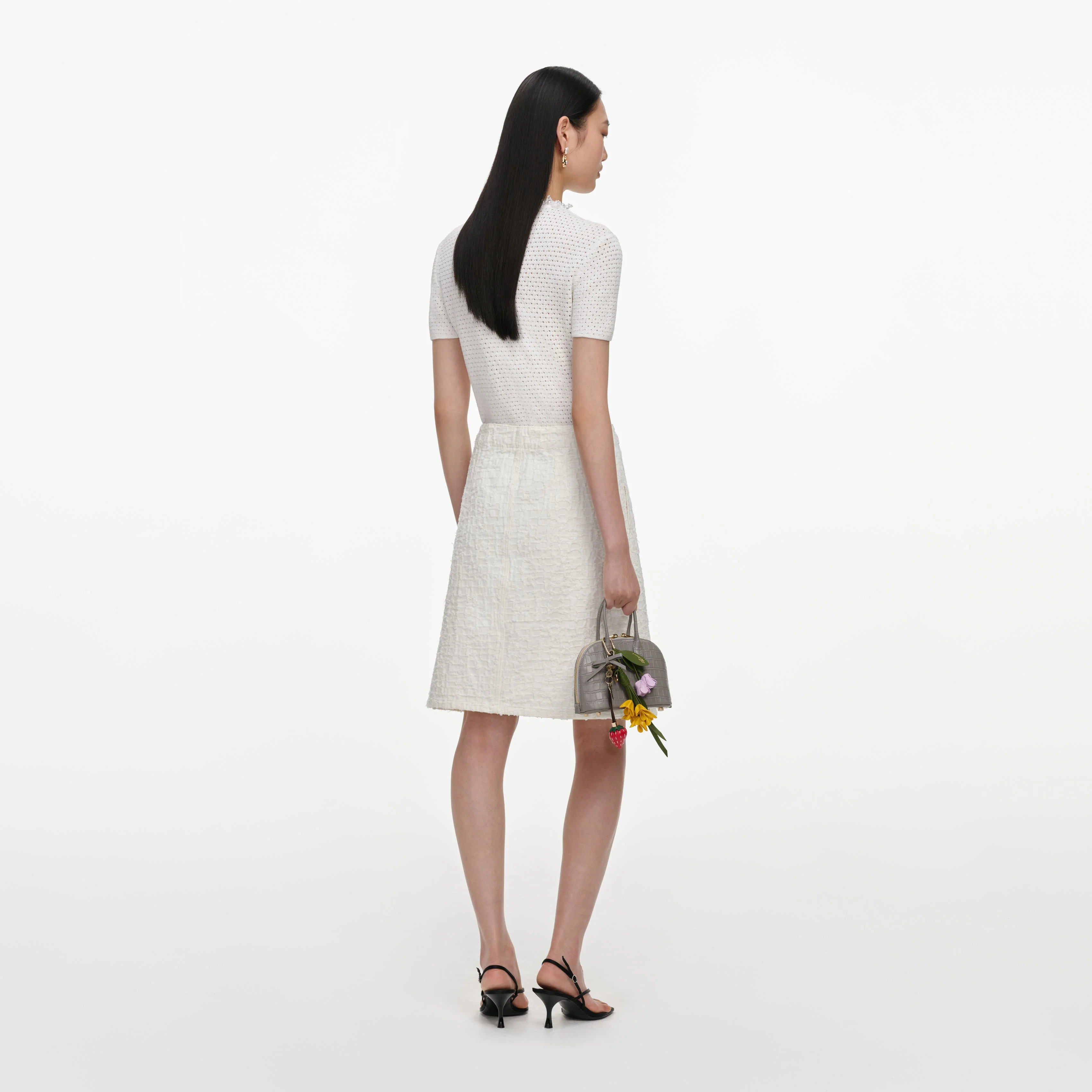 Cream Textured Denim Midi Skirt - Image 3