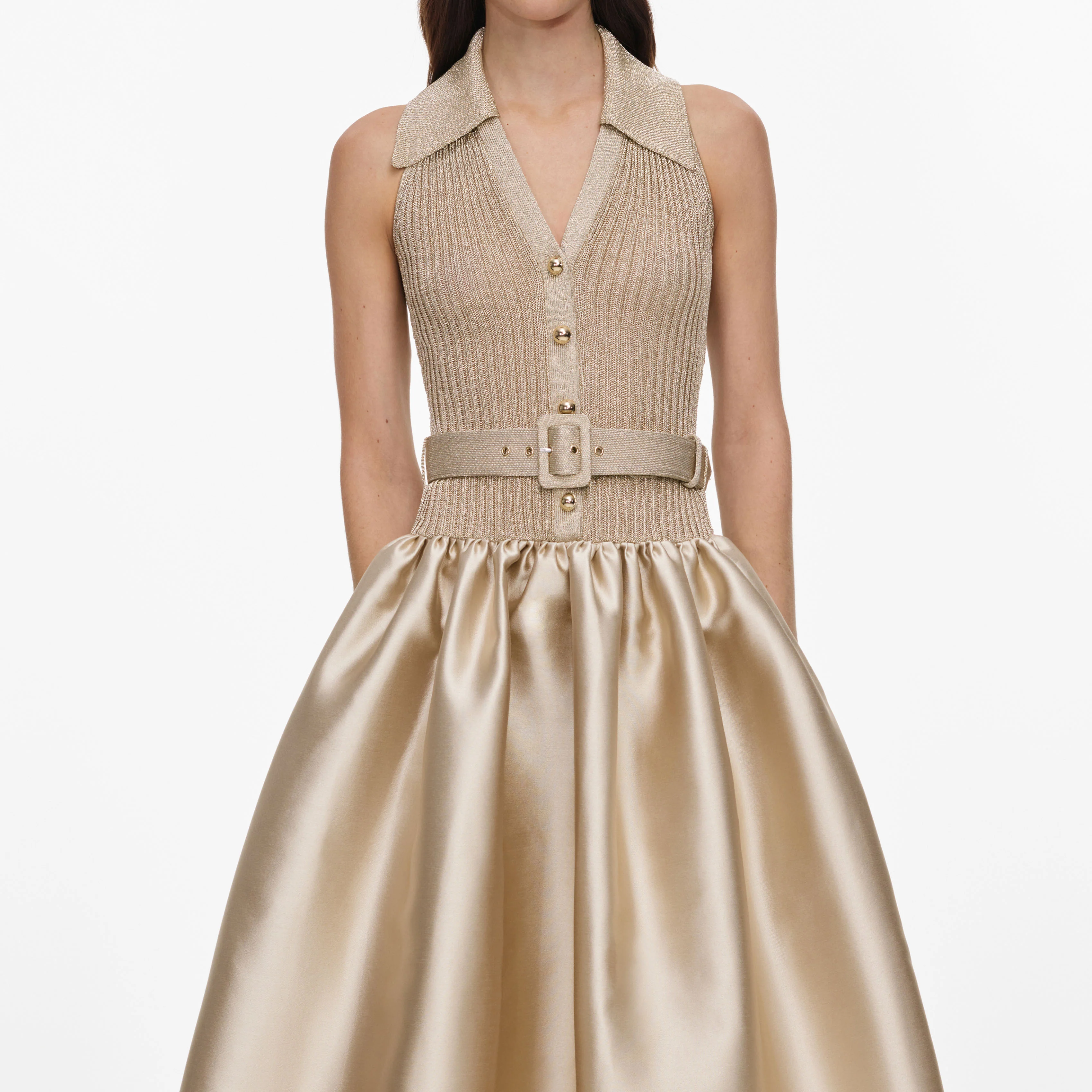 Gold Sleeveless Knit Taffeta Midi Dress - Image 4