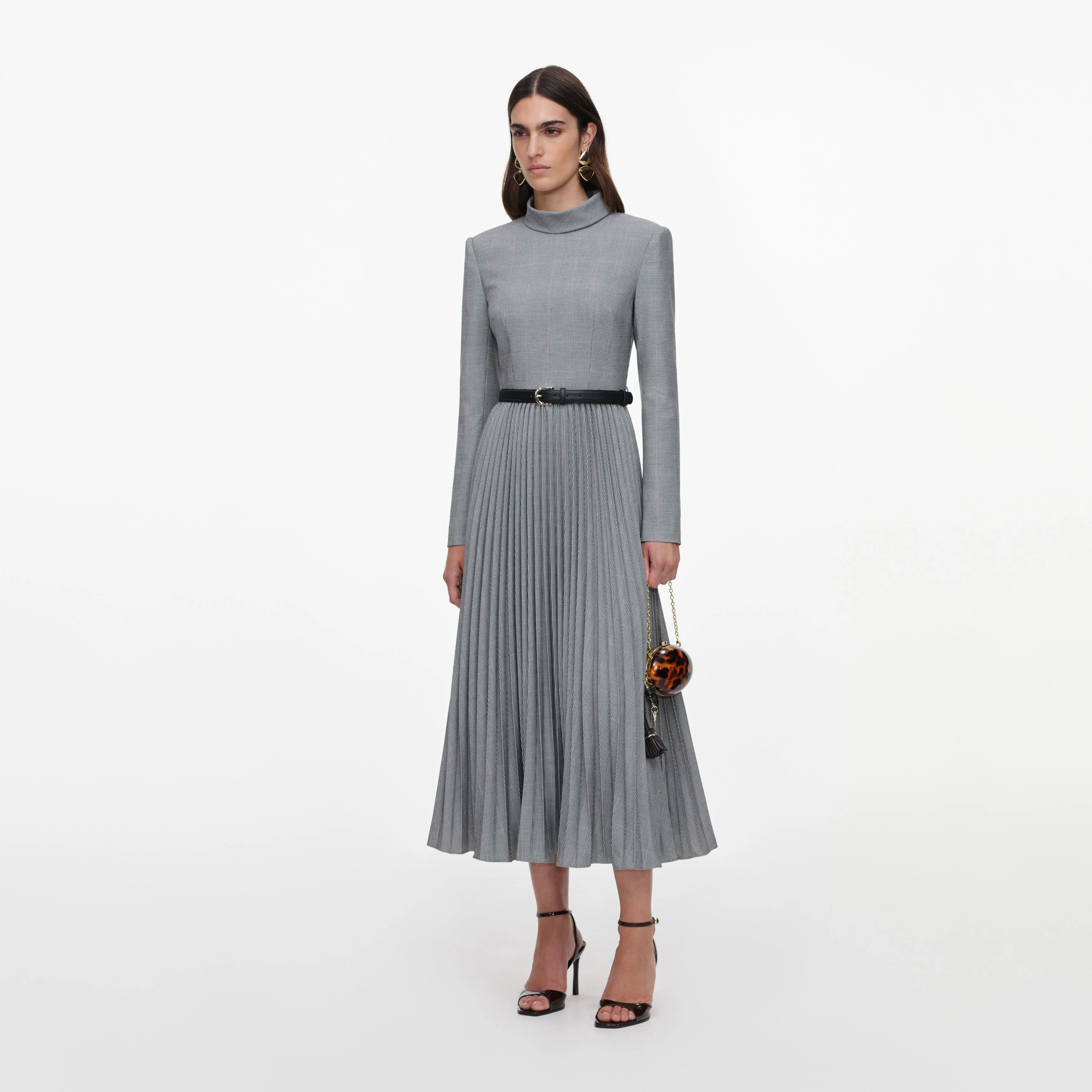 Grey Check Pleated Midi Dress - Image 2