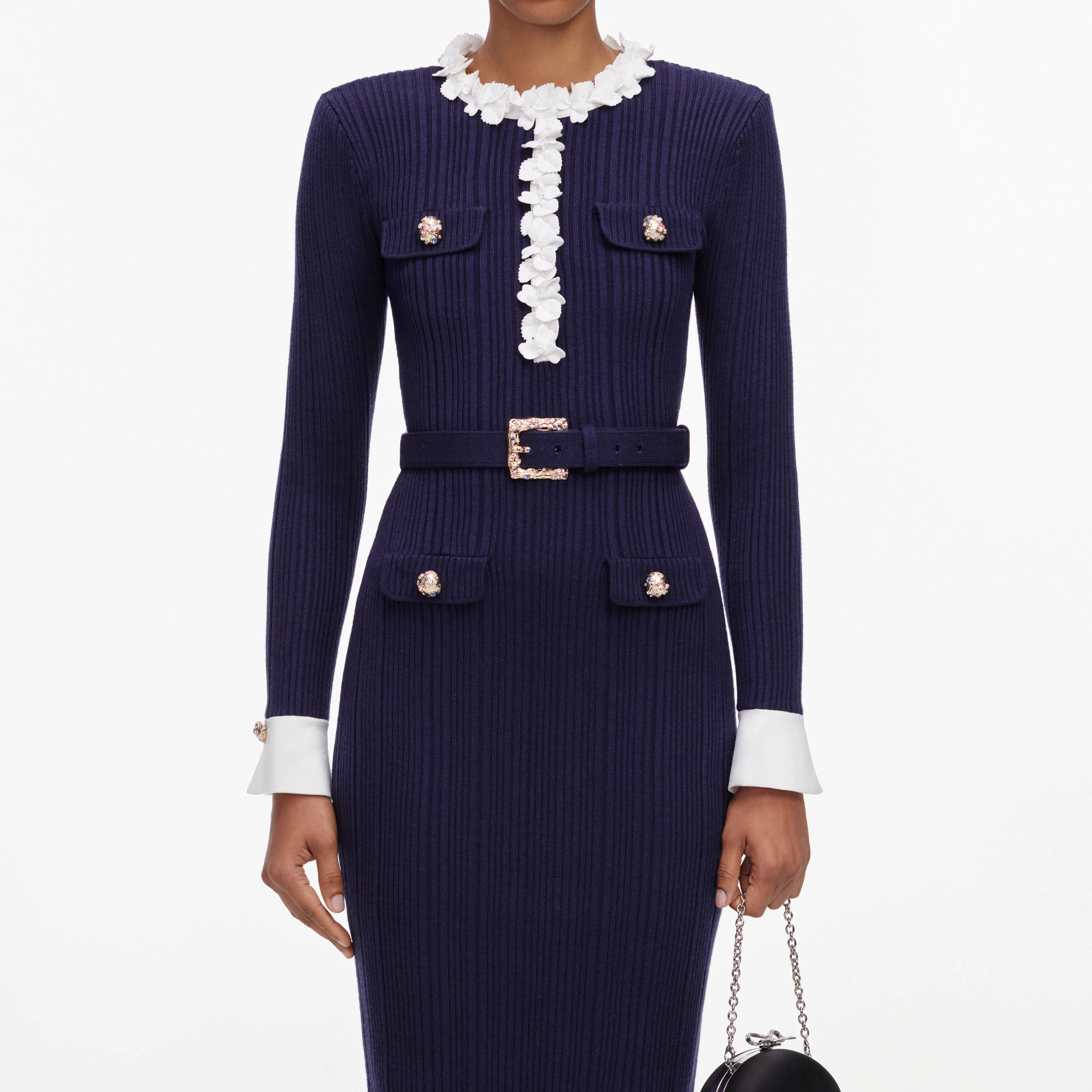 Navy Flower Rib Knit Midi Dress - Image 4