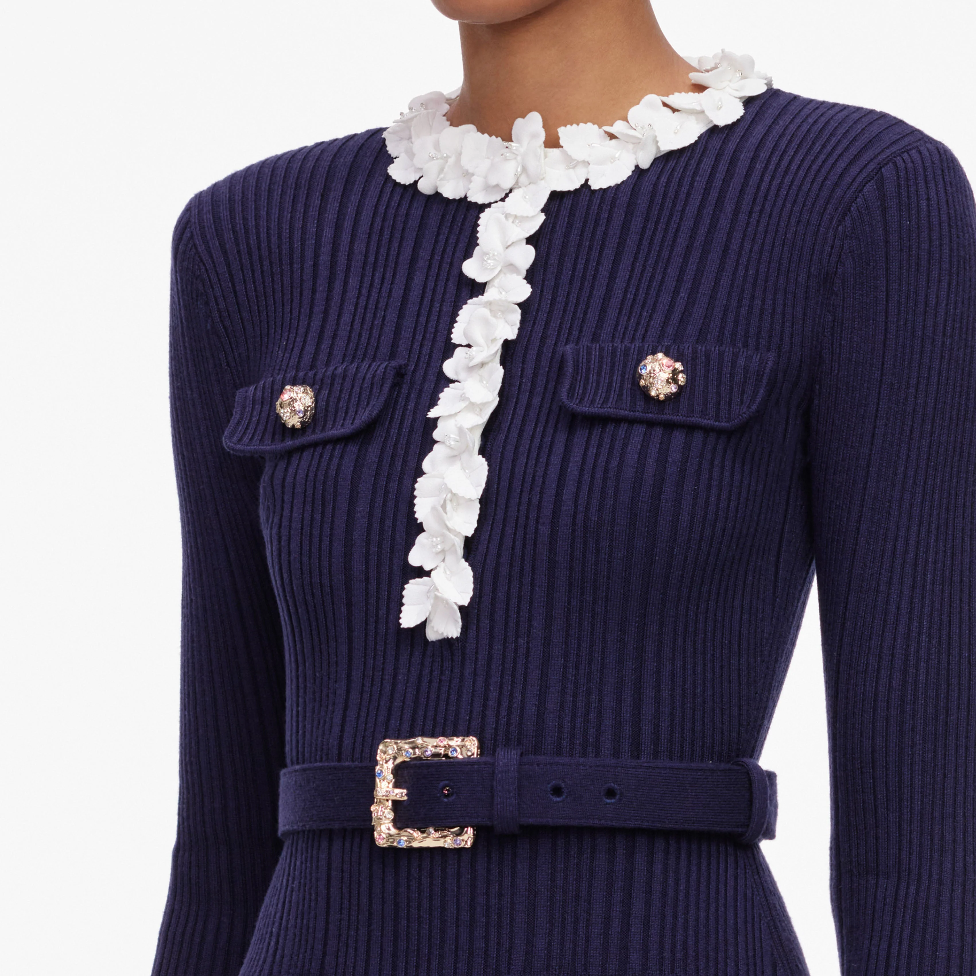 Navy Flower Rib Knit Mini Dress - Image 5