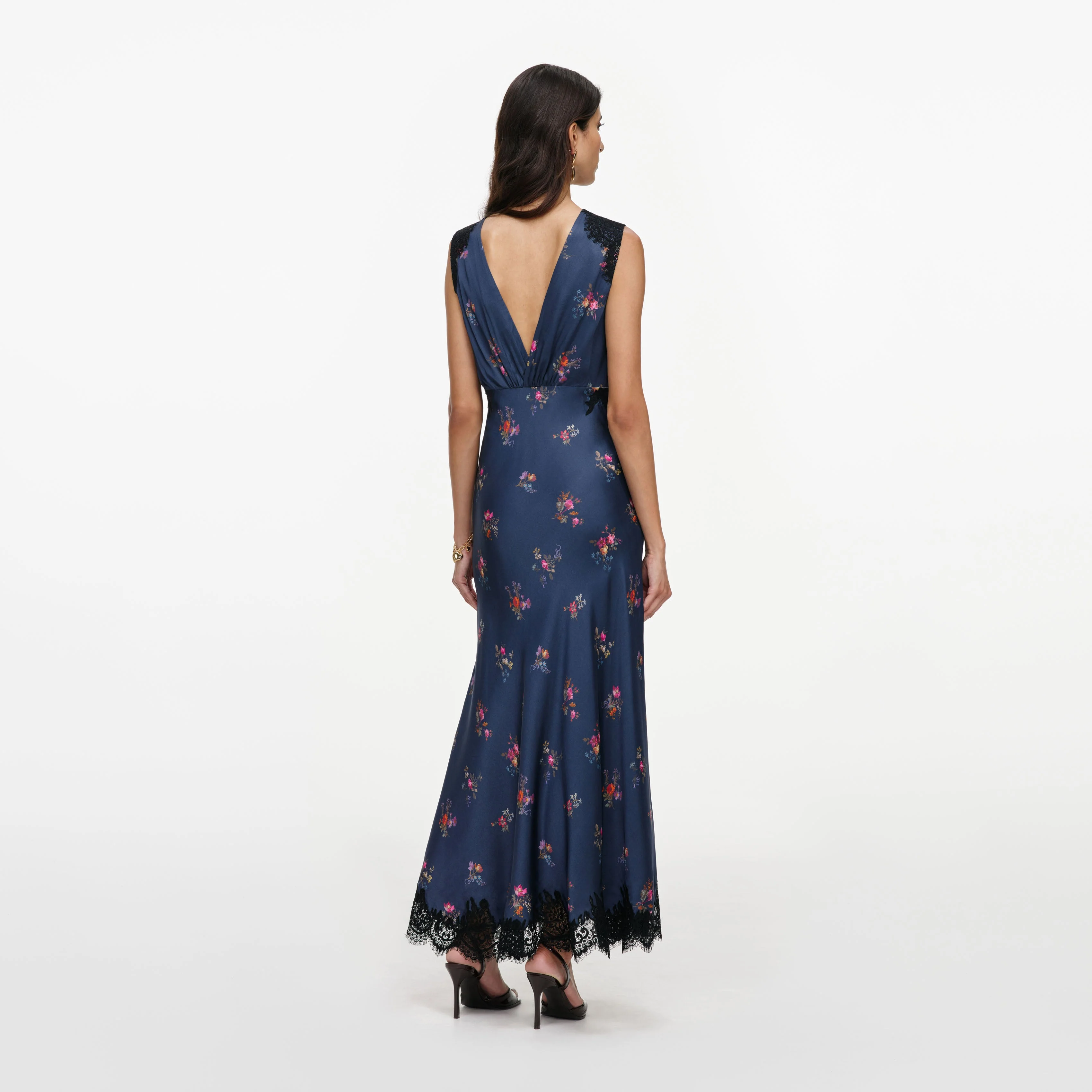 Navy Satin Printed Lace Midi Dress - Image 3