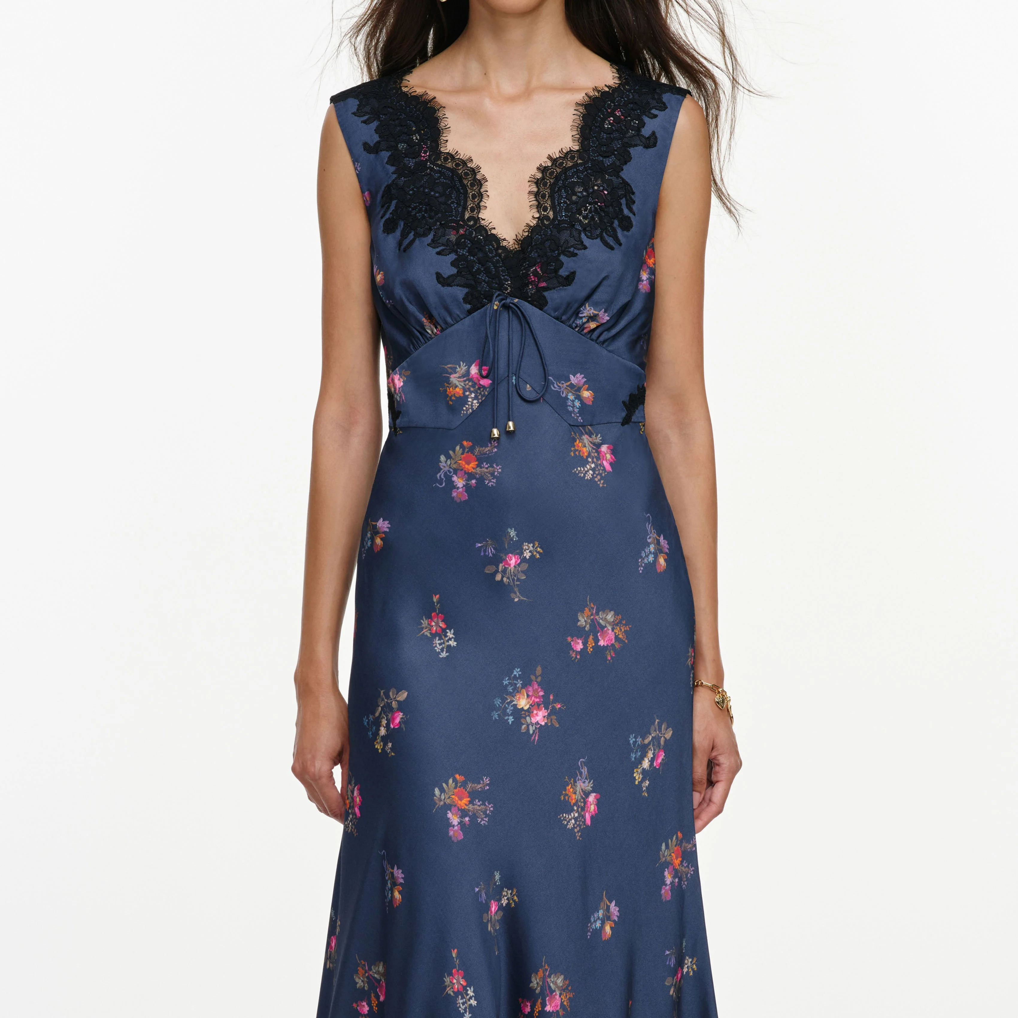 Navy Satin Printed Lace Midi Dress - Image 4