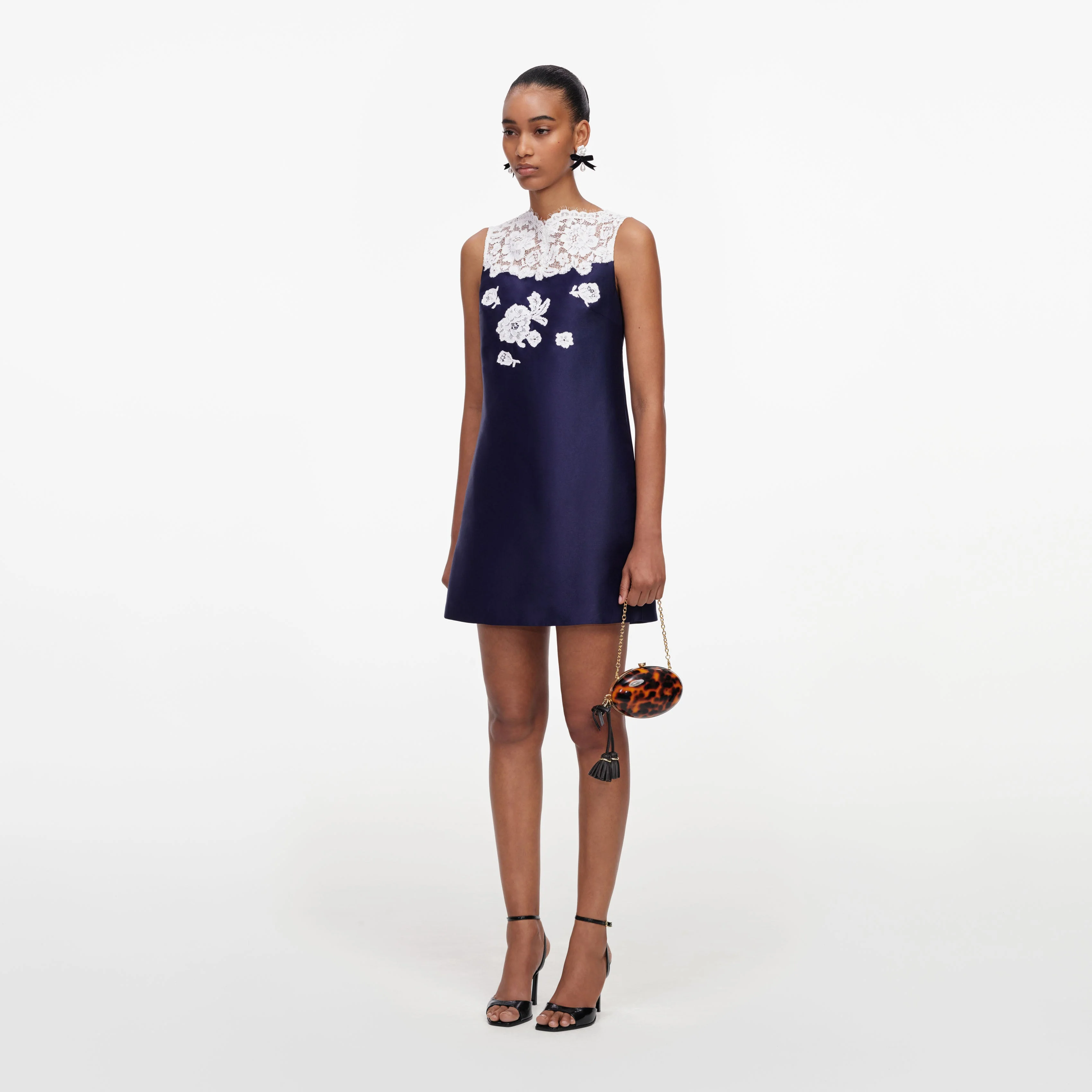 Navy Taffeta Lace Mini Dress - Image 2