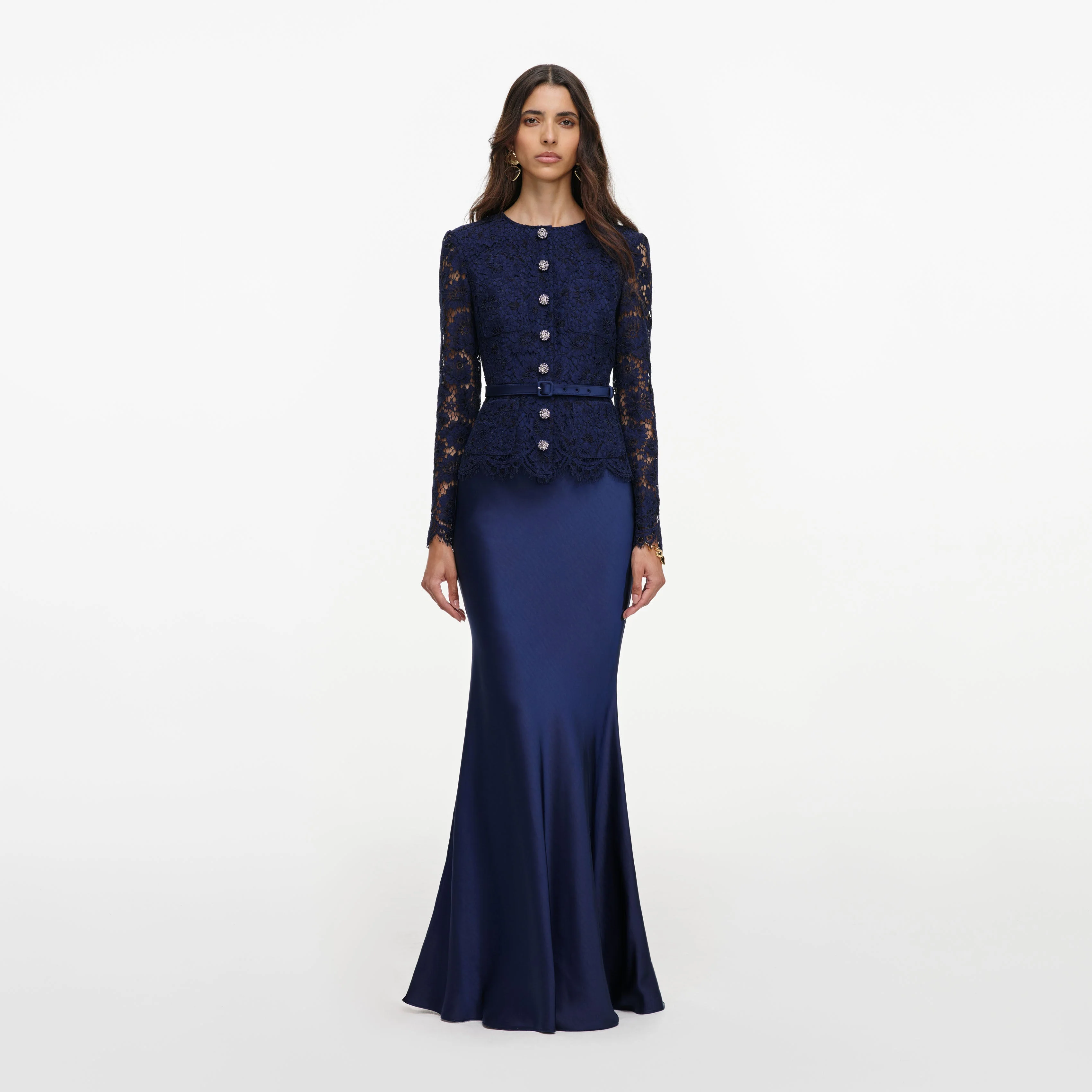 Navy Tailored Lace Satin Maxi Dress