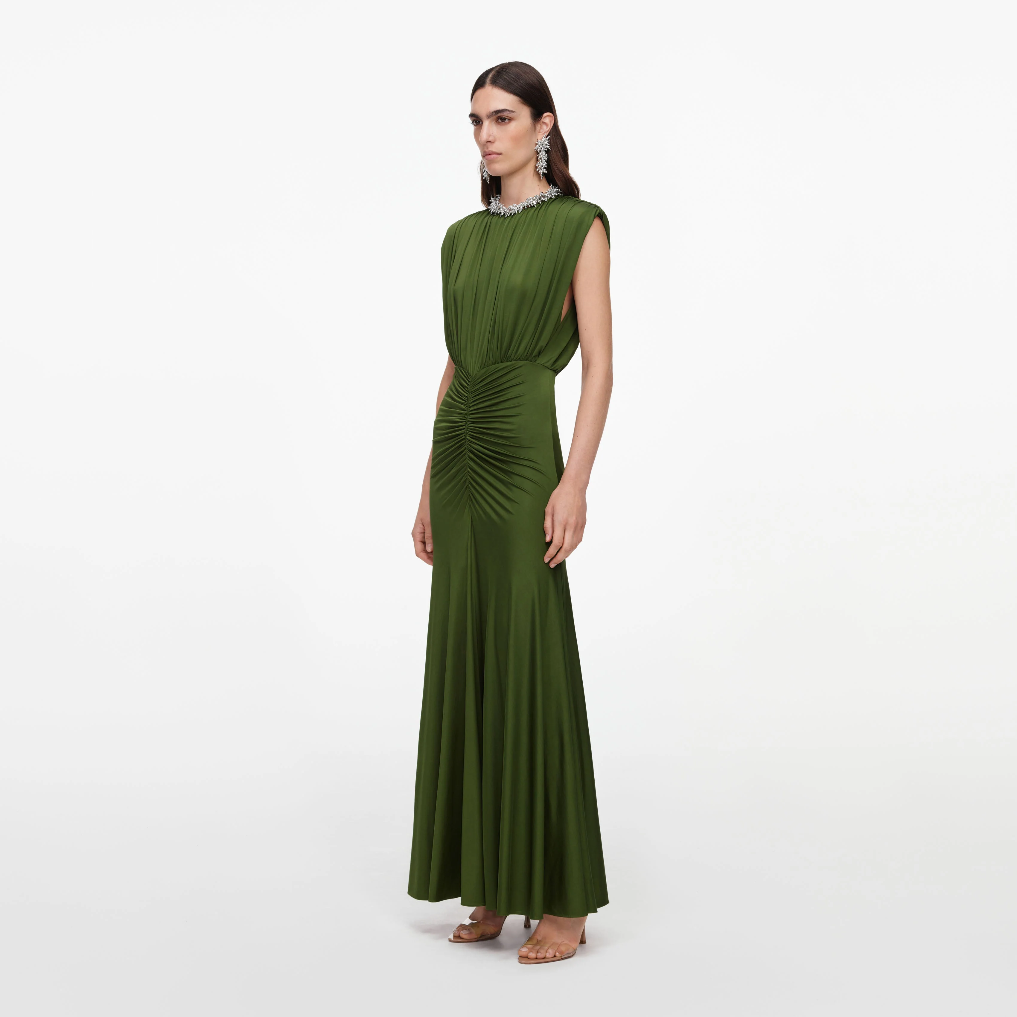 Olive Jersey Gathered Maxi Dress - Image 2