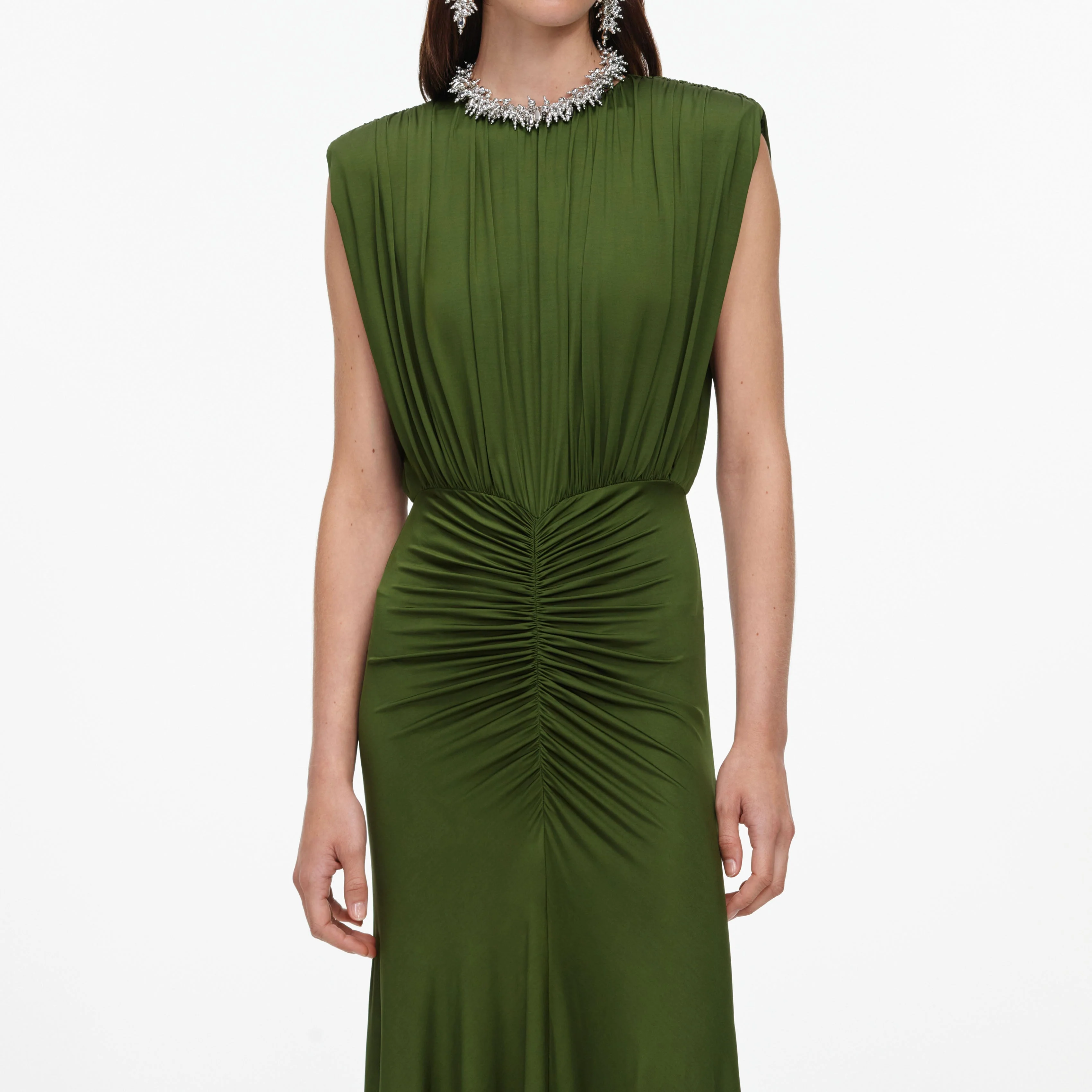 Olive Jersey Gathered Maxi Dress - Image 4