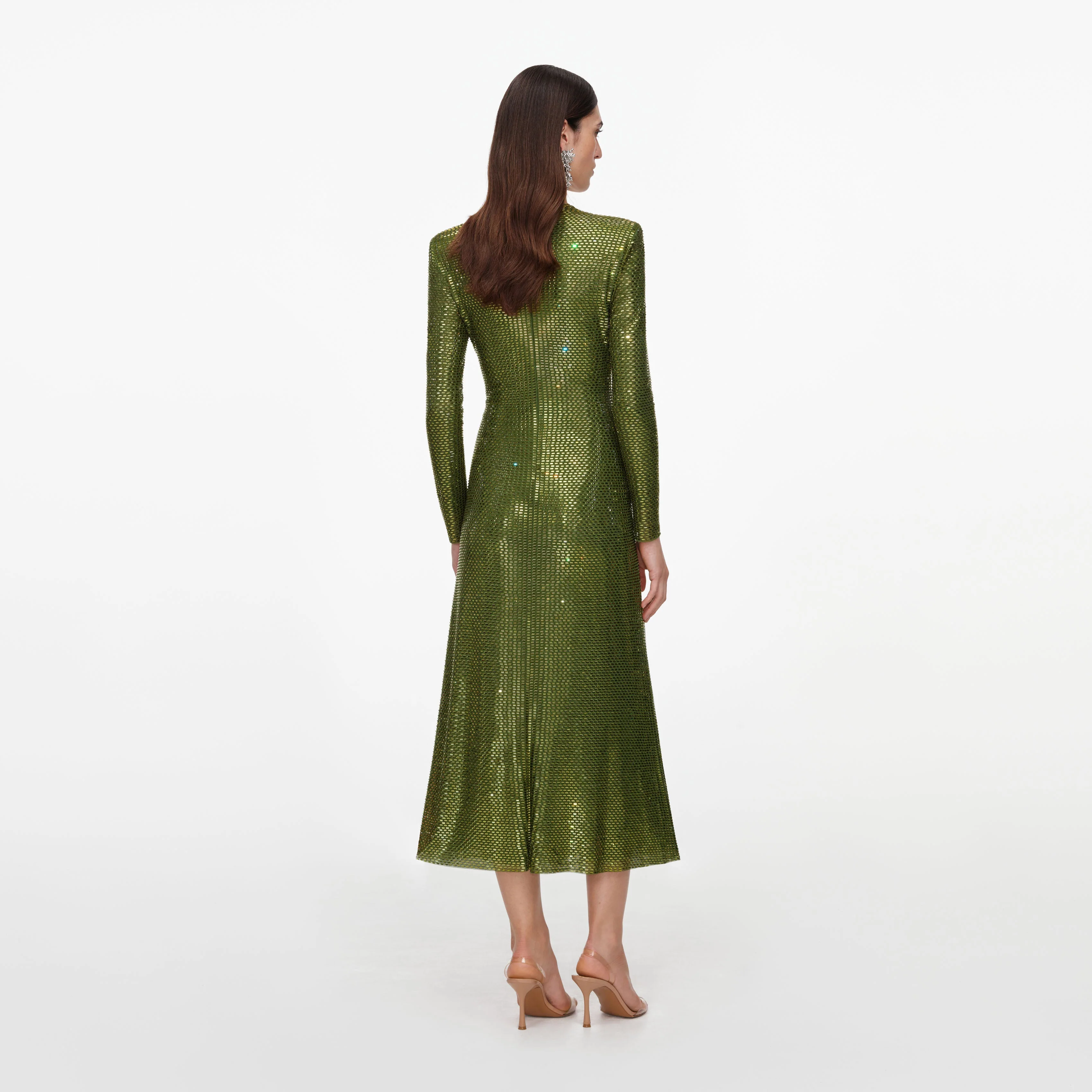 Olive Rhinestone Mesh Wrap Midi Dress - Image 3