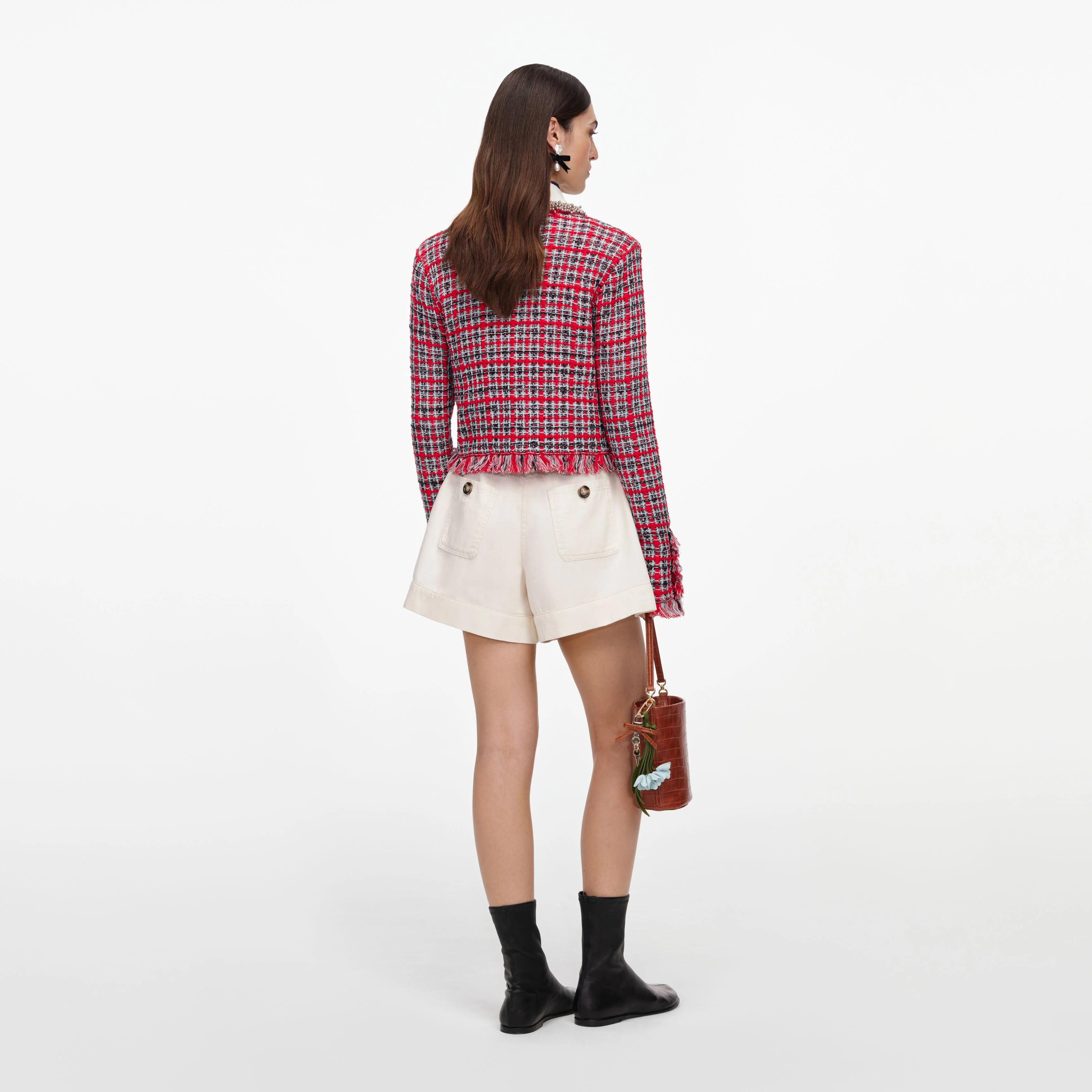Red Check Frayed Knit Jacket - Image 3