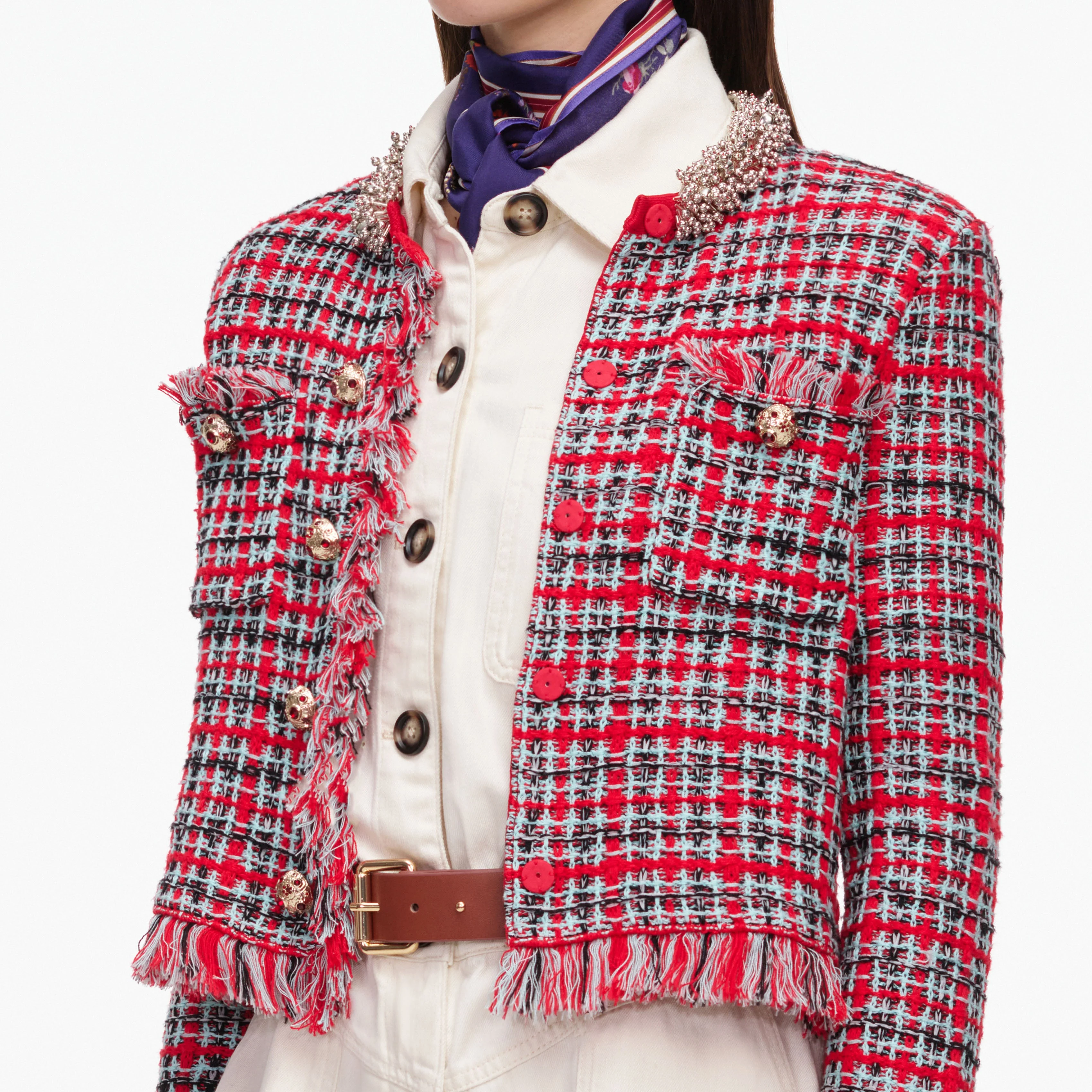 Red Check Frayed Knit Jacket - Image 5