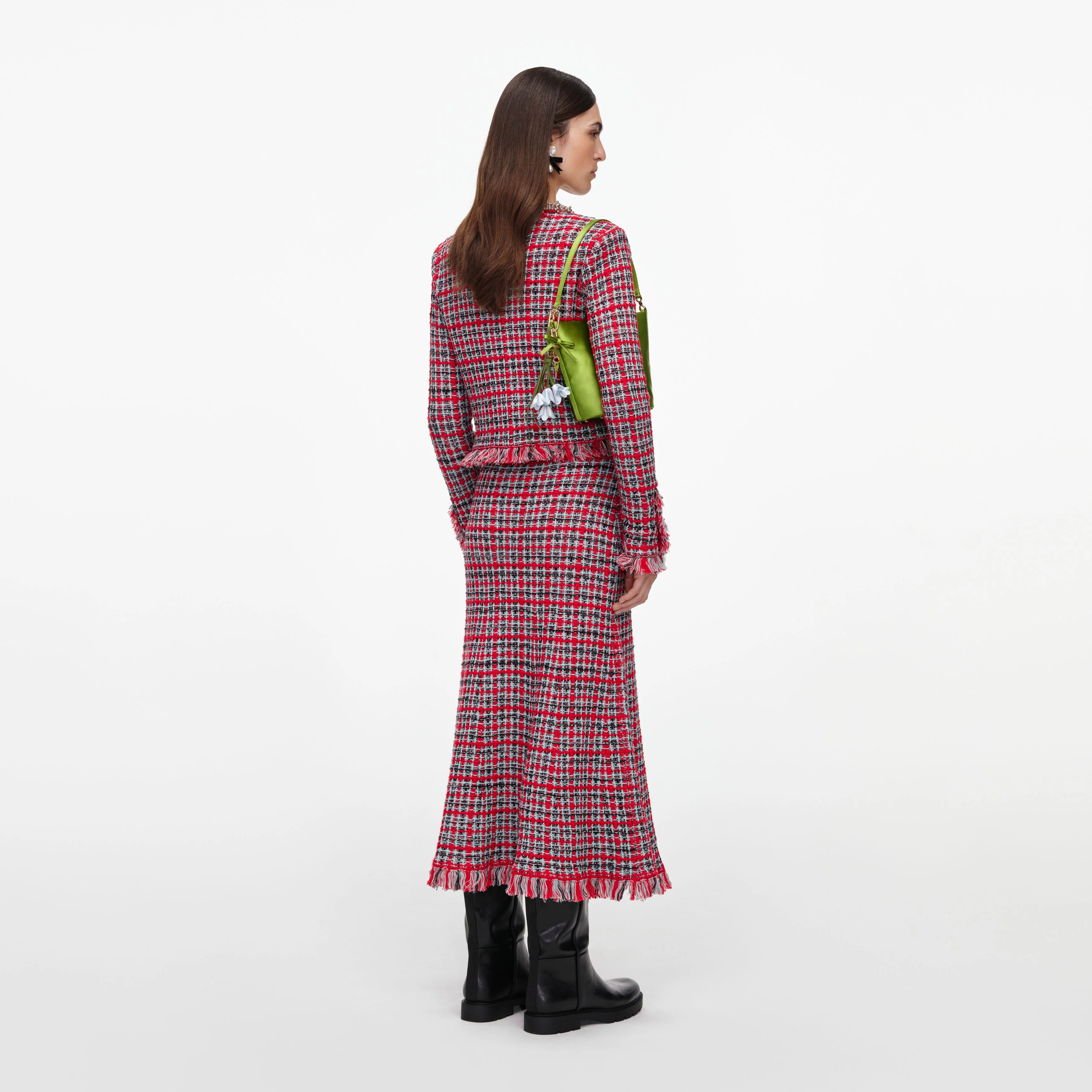 Red Check Frayed Knit Midi Skirt - Image 3