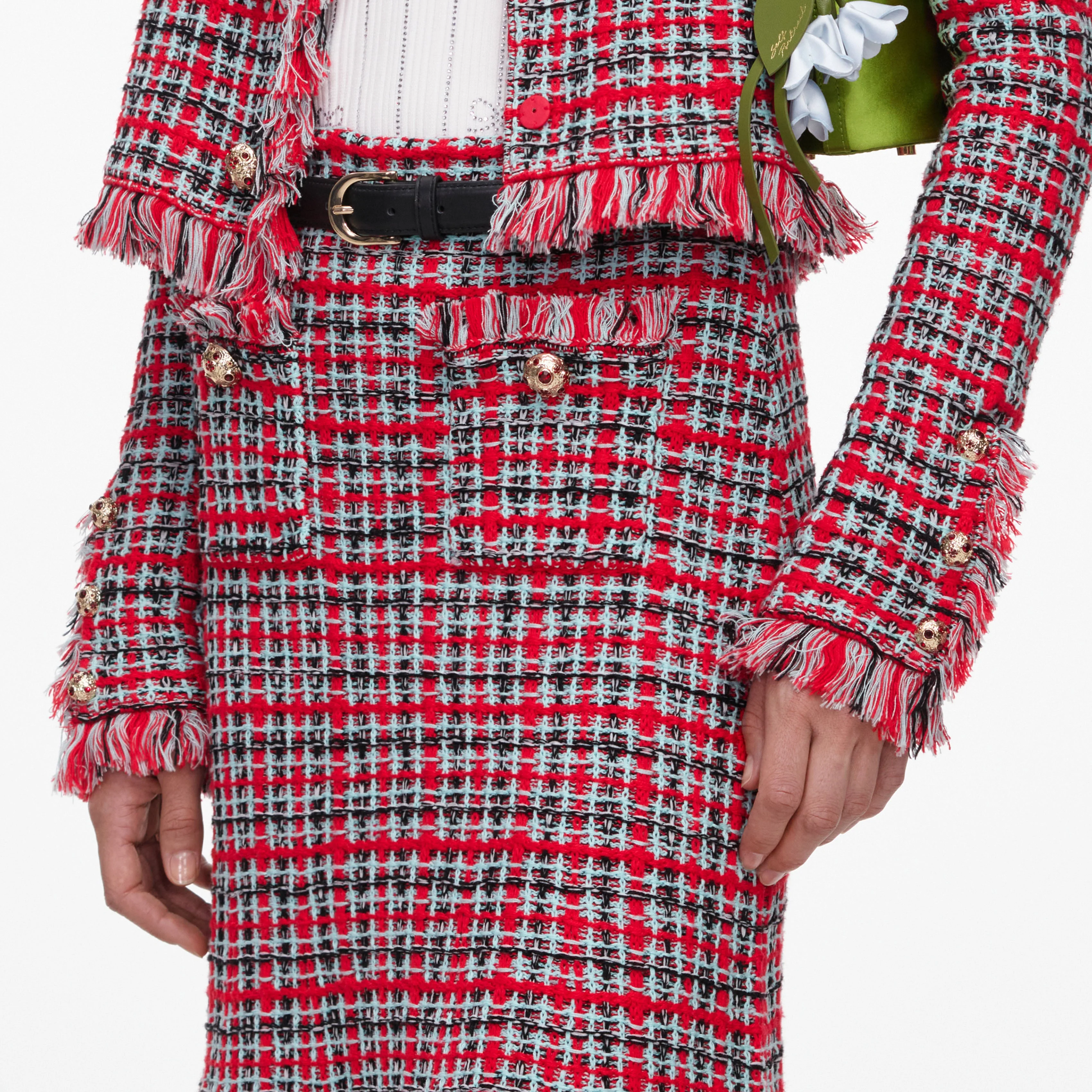 Red Check Frayed Knit Midi Skirt - Image 5
