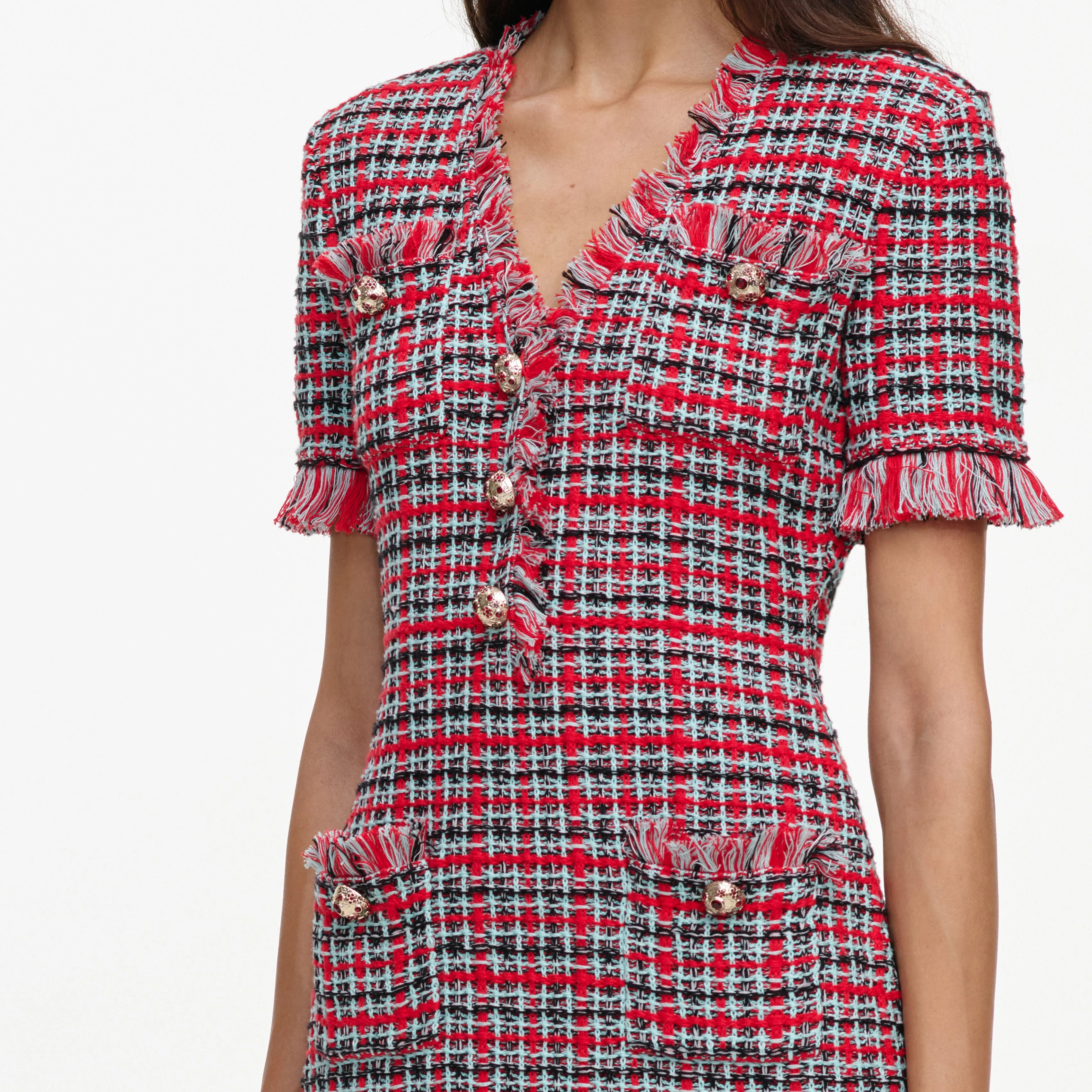 Red Check Frayed Knit Mini Dress - Image 5